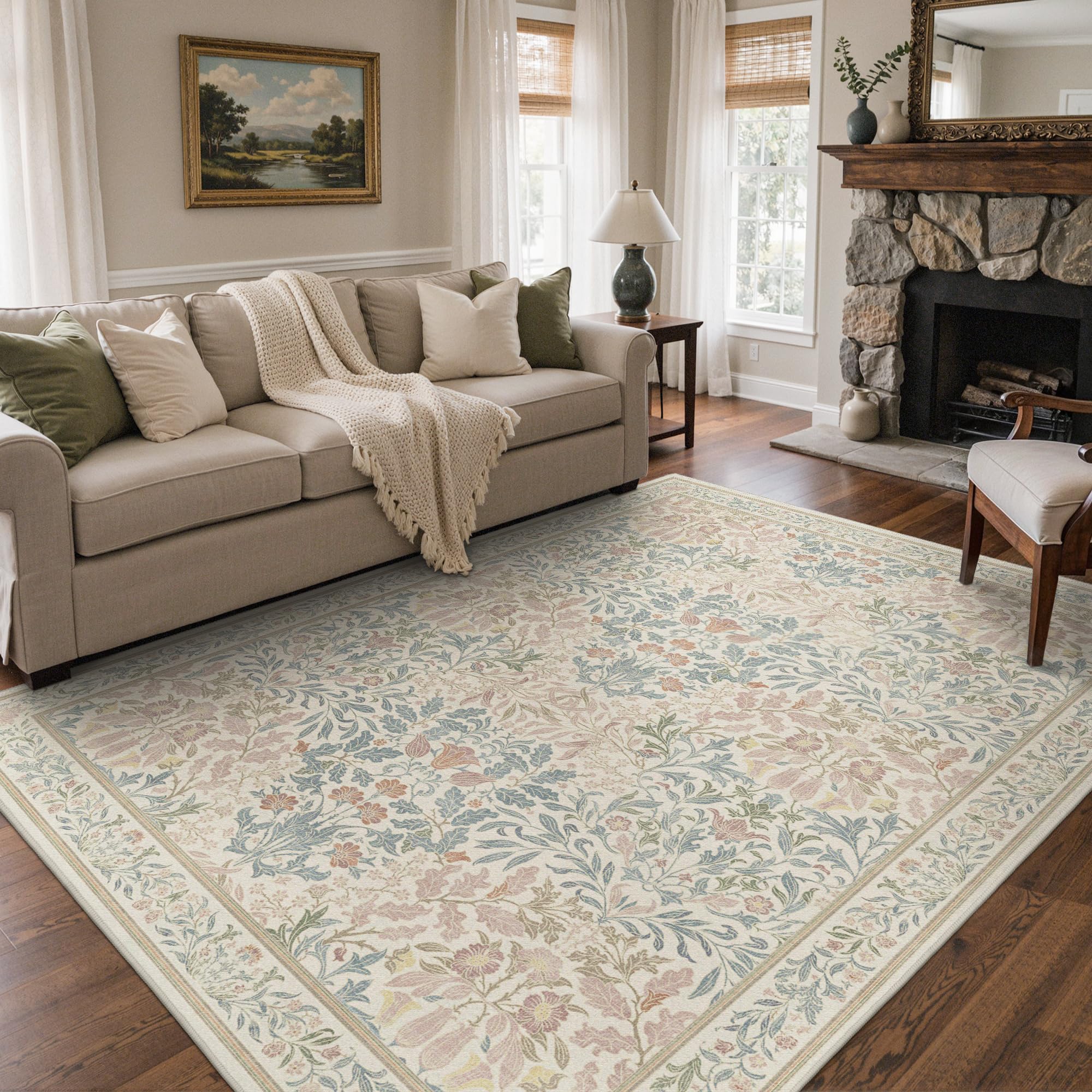 BEIMO Washable Rug 240x300cm Non-Slip Carpet Vines & Blooms Living Room
