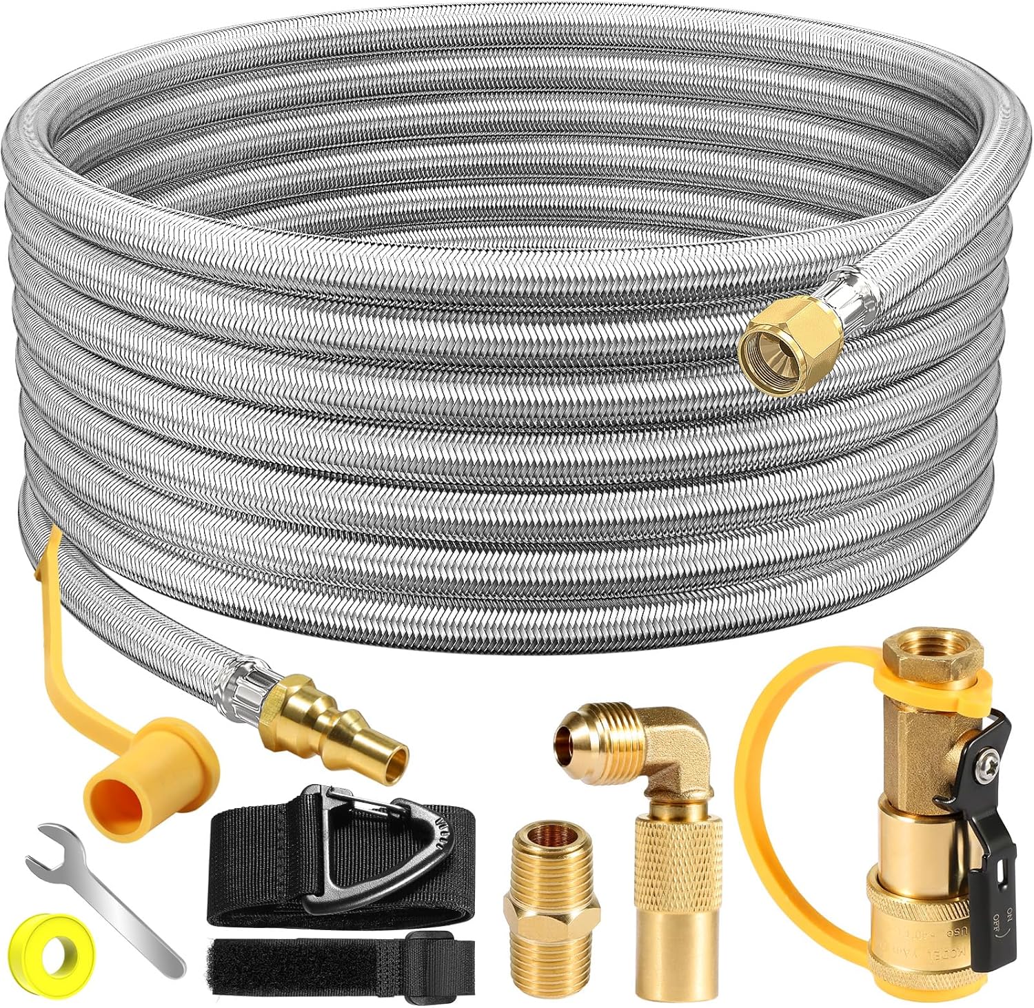 24FT Quick Connect Propane Hose for RV to Gas Grill, RV Quick Connect with 1/4" Safety Shutoff Valve, LP Quick Disconnect Propane Hose with Elbow Adapter for Blackstone 17"/22" Griddle