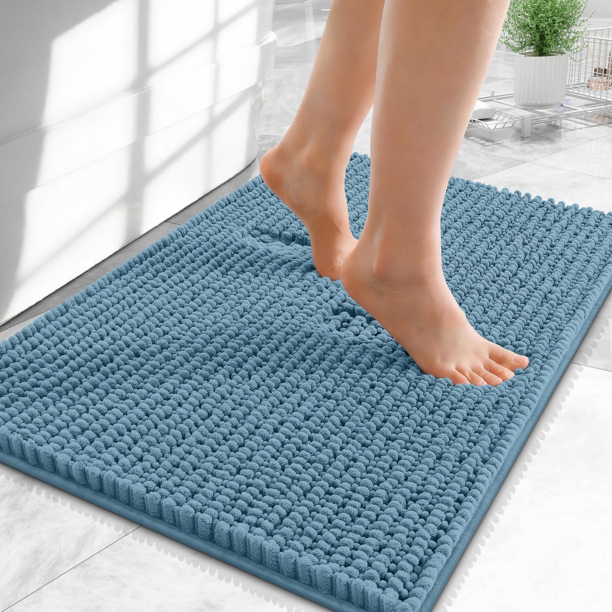 OLANLY Thick Chenille Small Bathroom Rugs Mats 24x16, Airy Blue