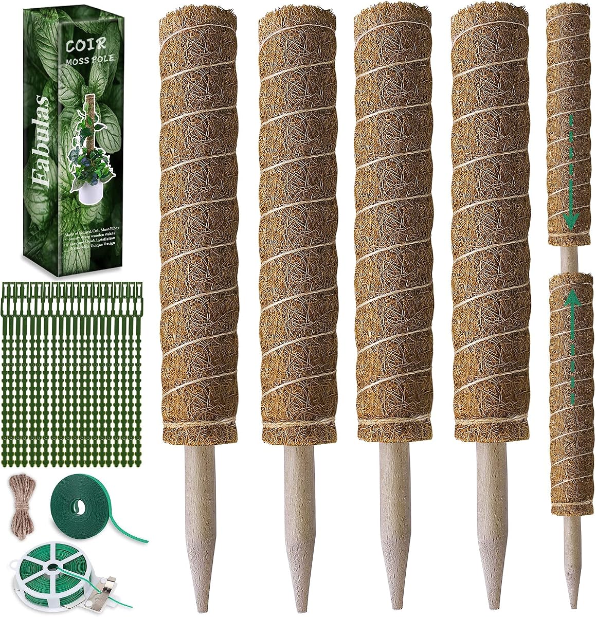 Fabulas Moss Pole 47.5 Inch - Monstera Plant Support, 4 Packs 16 Inch Plant Stakes for Indoor Plants Coco Coir Moss Pole Sticks for Climbing Potted Live Plants, Pothos, Philodendron, with Garden Ties