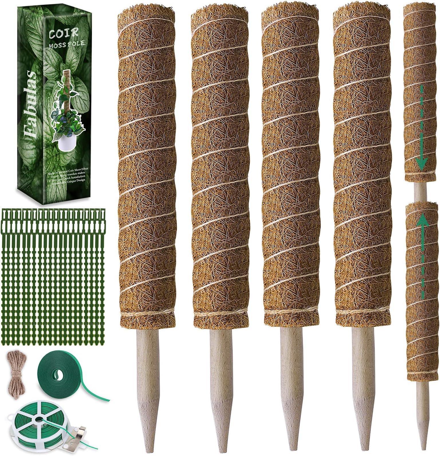 Fabulas Moss Pole 47.5 Inch - Monstera Plant Support, 4 Packs 16 Inch Plant Stakes for Indoor Plants Coco Coir Moss Pole Sticks for Climbing Potted Live Plants, Pothos, Philodendron, with Garden Ties