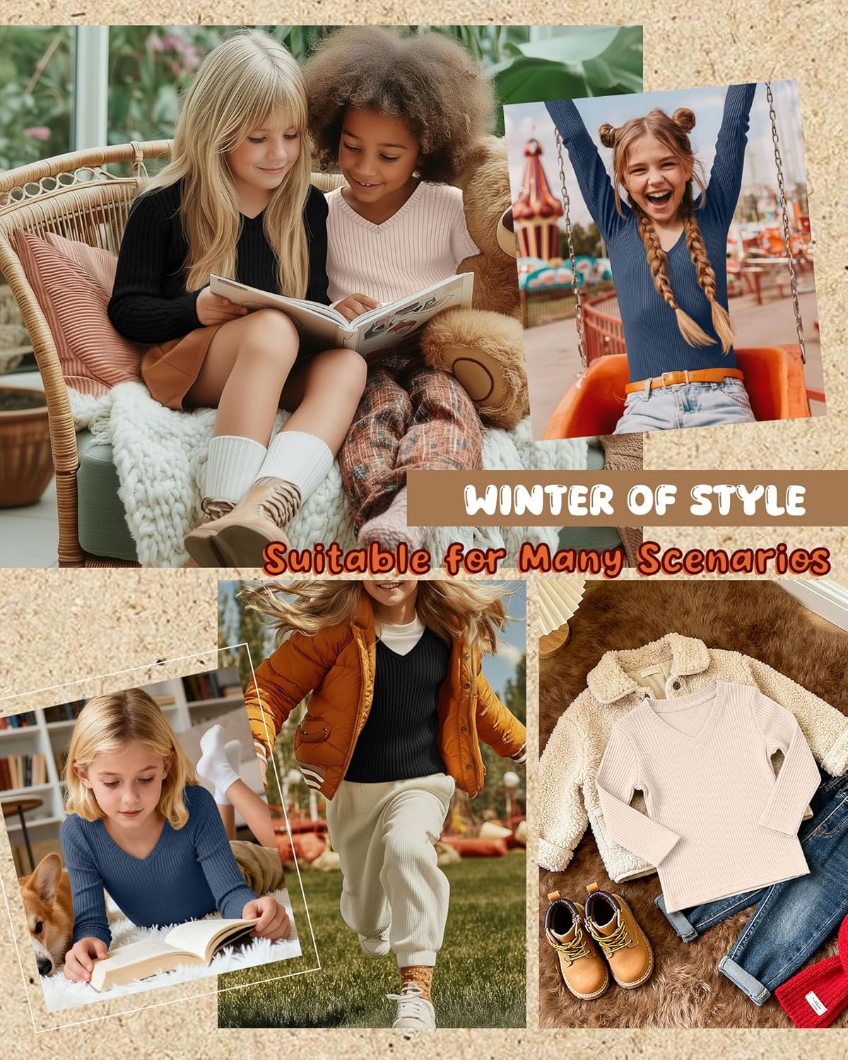 3 Pack Girls Long Sleeve Cotton Shirts Ribbed Knit Layering Tops Slim Fit V Neck Basic Undershirts - Image 4