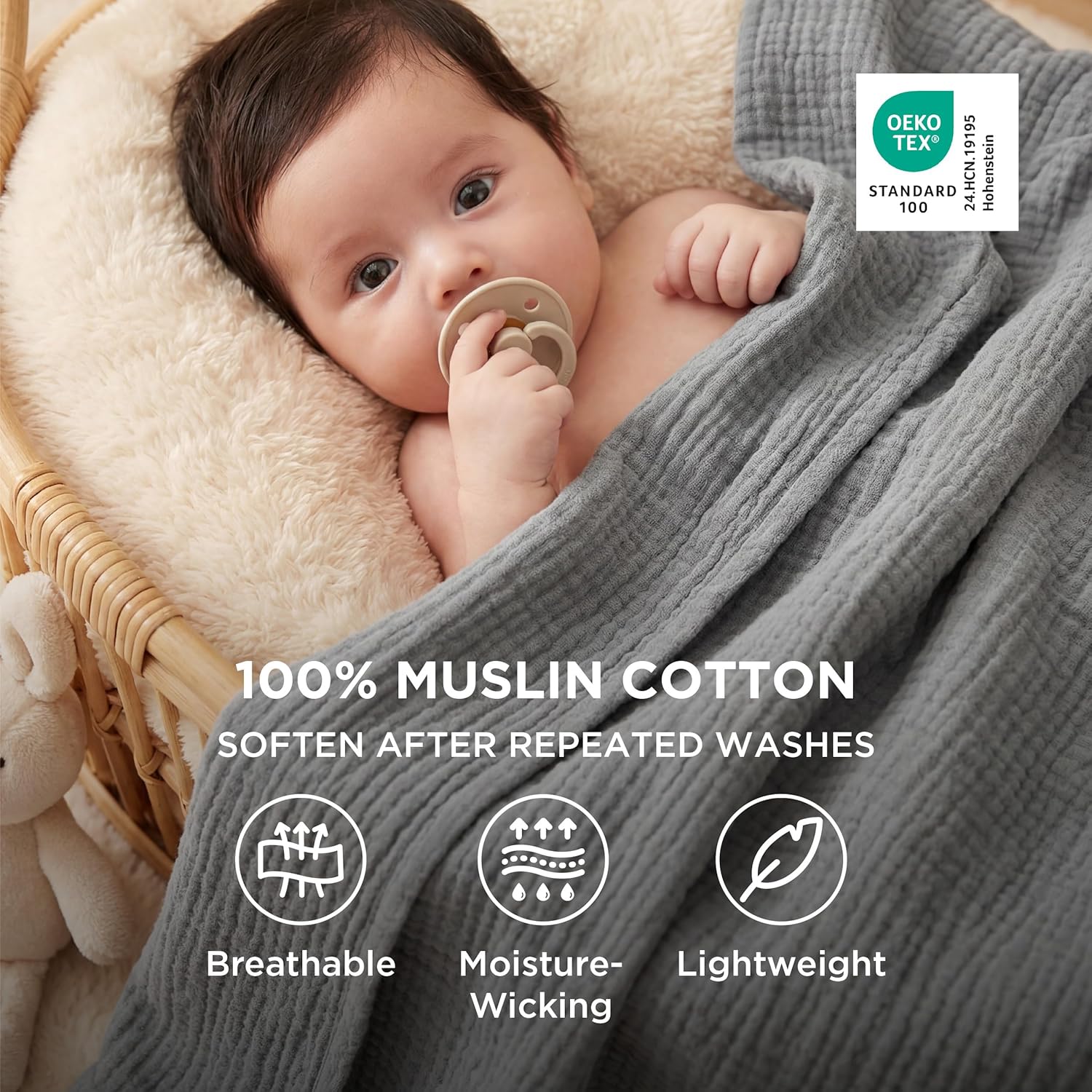 Bedsure 100% Cotton Muslin Throw Blanket Large 50x70 Inches - 4-Layer Breathable and Lightweight Thin Soft Summer Gauze Muslin Blankets for Adults, Grey, Boho Cotton Throw for Couch - Image 2