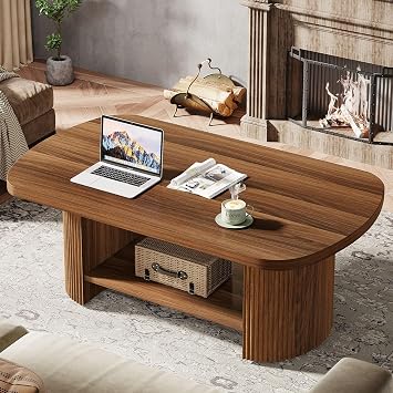 Tribesigns Oval Coffee Table, Mid-Century 2-Tier Coffee Table with Storage Shelf, Modern 115cm Accent Center Table with Wooden Dual Base for Living Room Bedroom Apartment, Rustic Brown