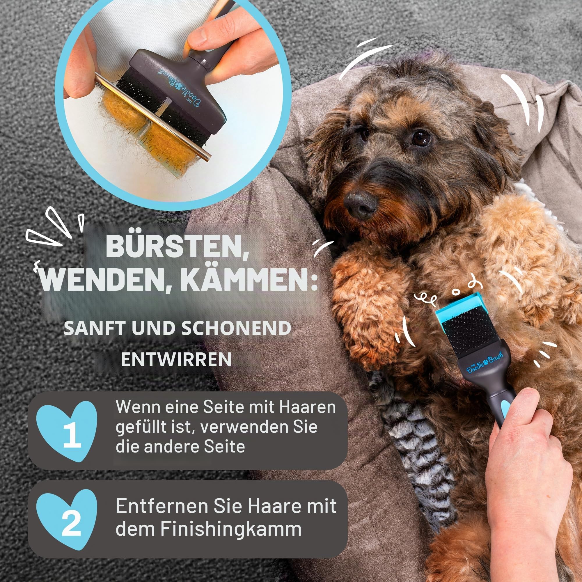 The Doodle Brush - Hundebürste für Goldendoodles & Labradoodle Einzelkopf, hundebü langhaar Pudelbürste - entfilzer hunde - zupfbürste hund, Entwirrungsbürste für Hunde Hundehaarbürste