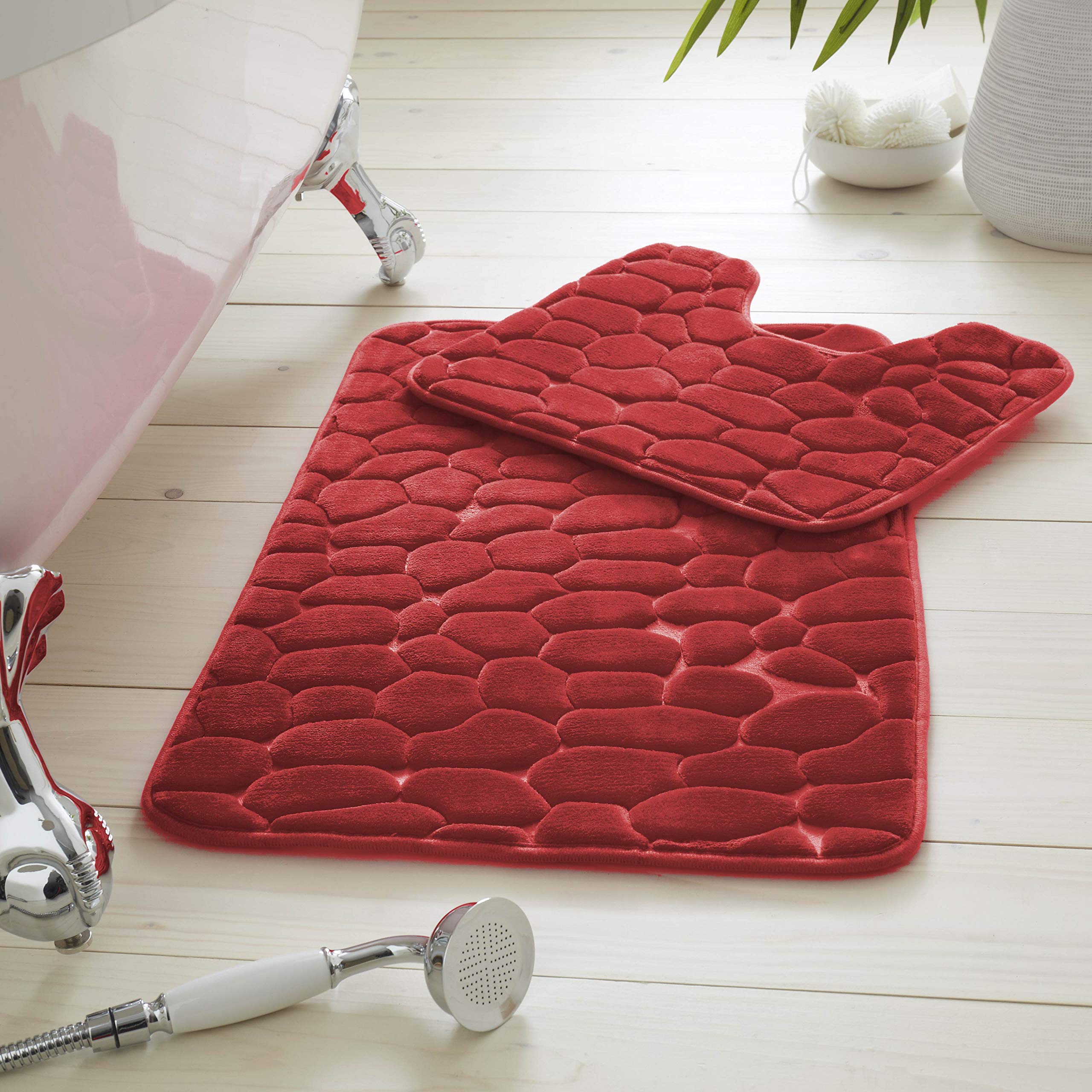 Premium 2 Piece 100% Memory Foam Pebble Bath Set, Super Soft Anti Slip Bathroom Toilet Rug Pedestal Mat, Red