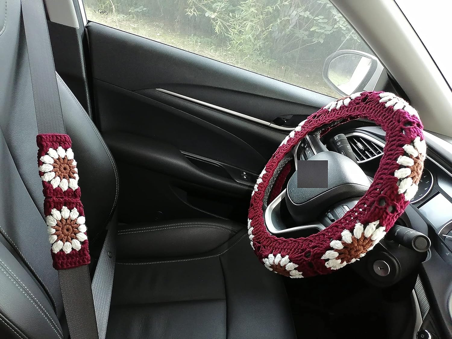 Colorful Steering Wheel Cover Crochet Steering Wheel Cover Crocheted Seat Belt Cover Cover Steering Wheel Cover Crochet car Accessories (Steering Wheel Cover+2 Belt Cover)