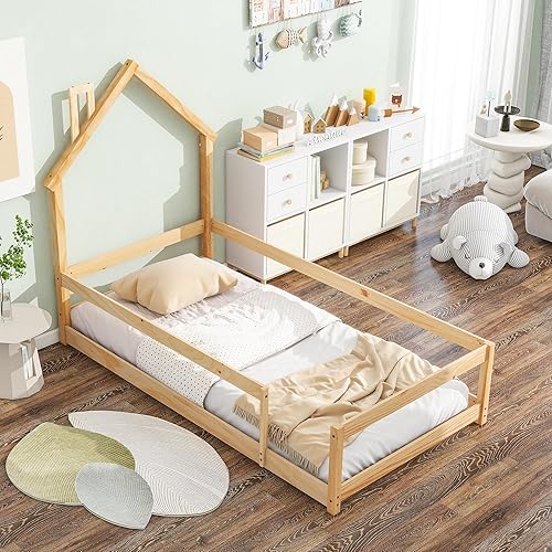 Miniatura 19 de SOFTSEA Base de cama completa para niños, plataforma de madera para casa, marco de cama para niños, necesita somier, fácil de montar, gris Natural
