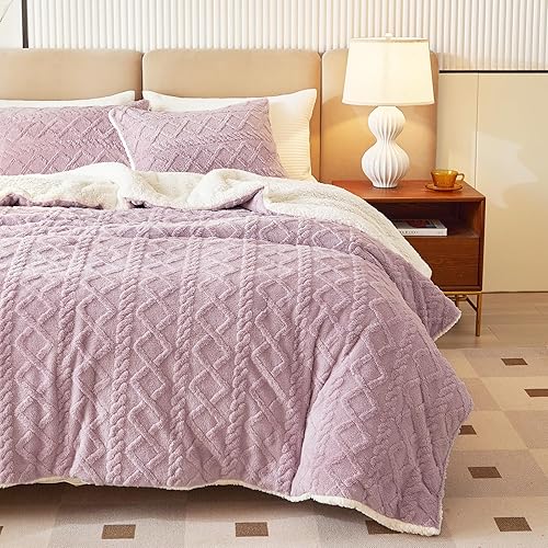 Miniatura 3 de Joyreap Juego de edredón de 3 piezas de sherpa de piel sintética esponjosa, color morado, juego de edredón de lujo con copetudo, para todas las