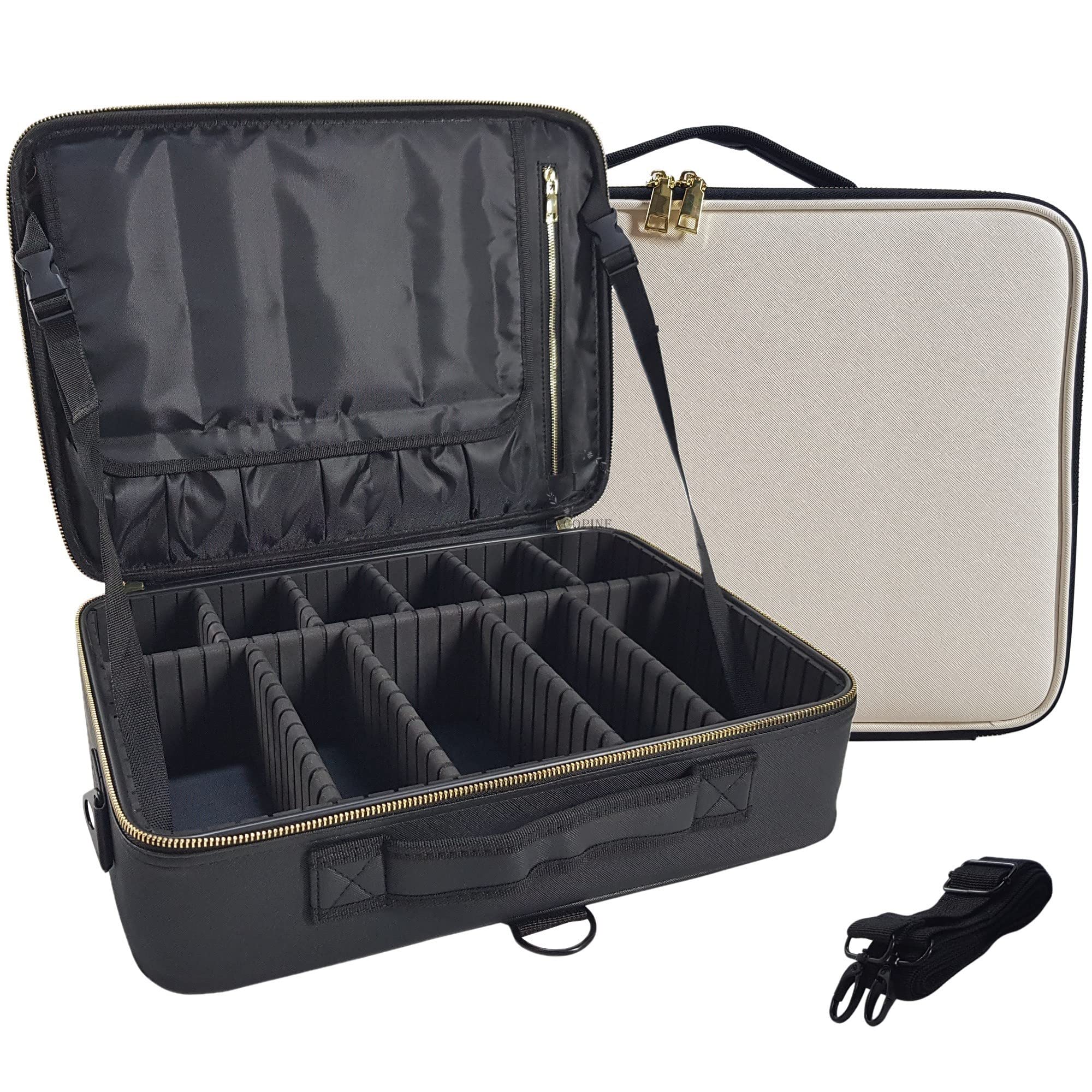 LACOPINE Travel Professional Makeup Case Organizer Bag for Women | Portable Artist Storage Makeup Brush Bag with Adjustable Dividers (Black & White, 16 INCH (1 Layer))