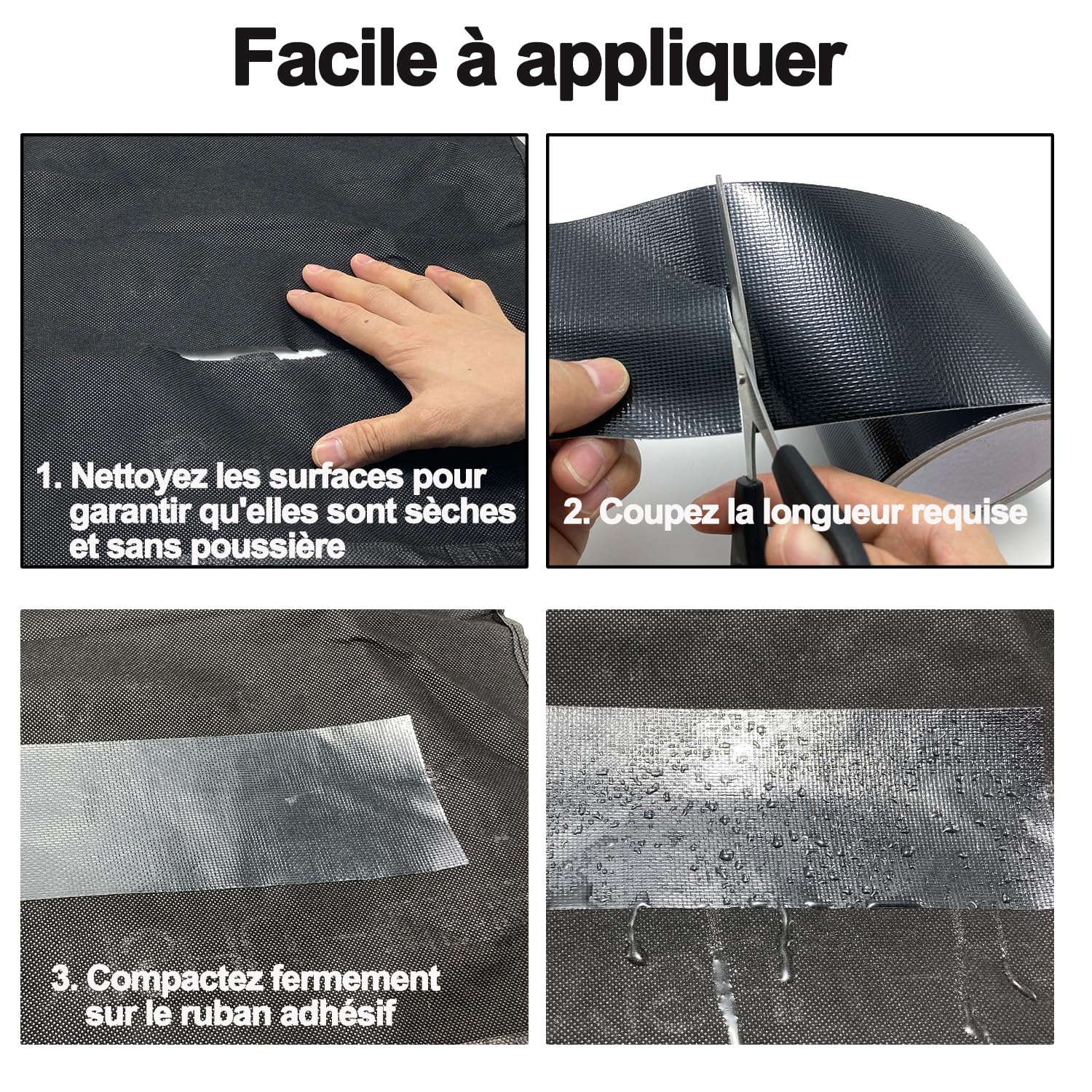 Ruban de réparation imperméable pour auvent bâche toile tente 7.6cm × 6m noir résistant UV