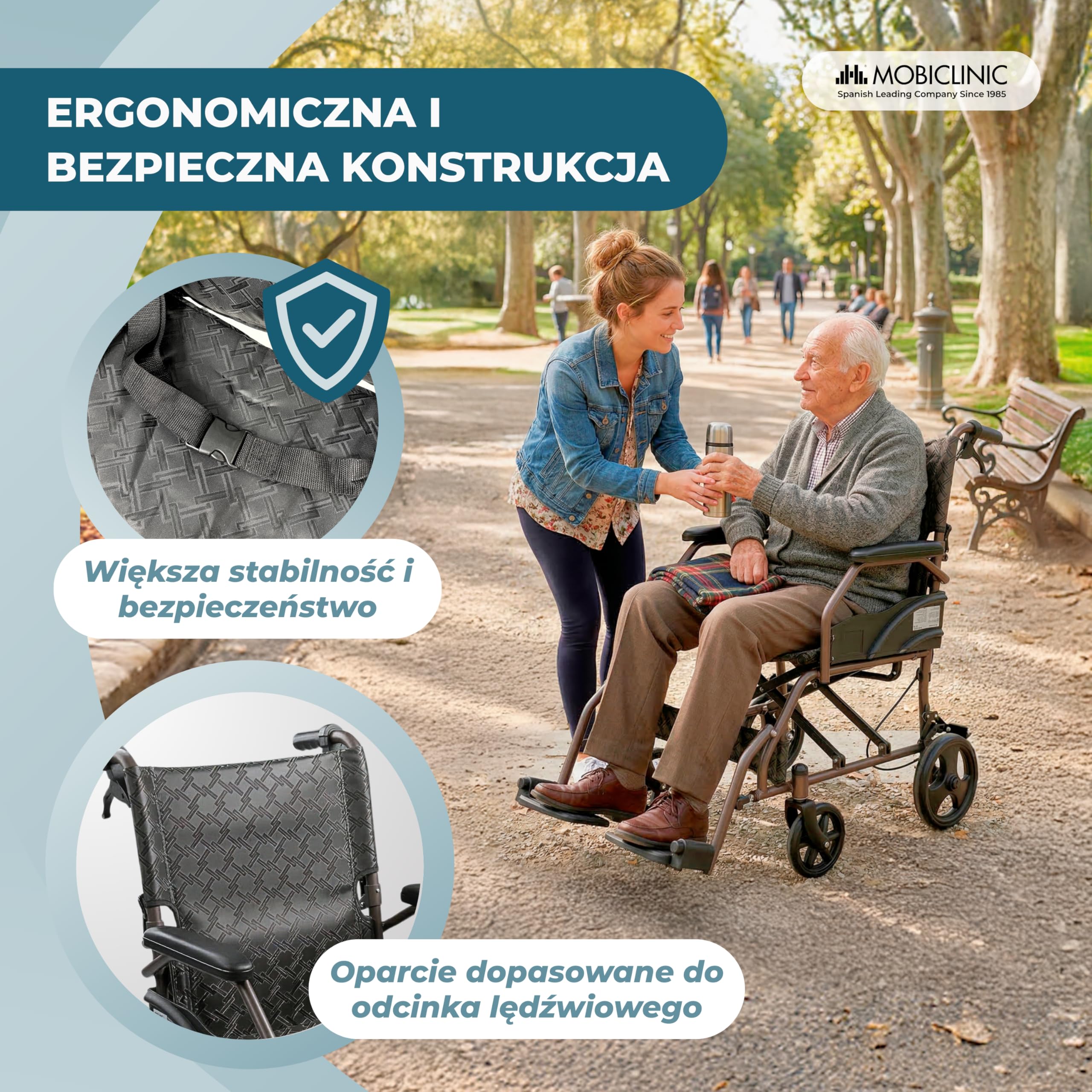 Mobiclinic®, Składany Wózek Inwalidzki, z Oparciem i Podnóżkiem, Podwójny System Hamulcowy, Wyściełane Podłokietniki, Stalowy, Lekki i Kompaktowy, Kefren