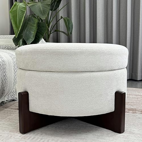 24-Inch Cross-Base Chenille Storage Ottoman Large Round Large Round Coffee Ottoman Table for Living Room Bedroom Circle Boucle Stool with Lift-Off Lid (Ivory, 24 inch)