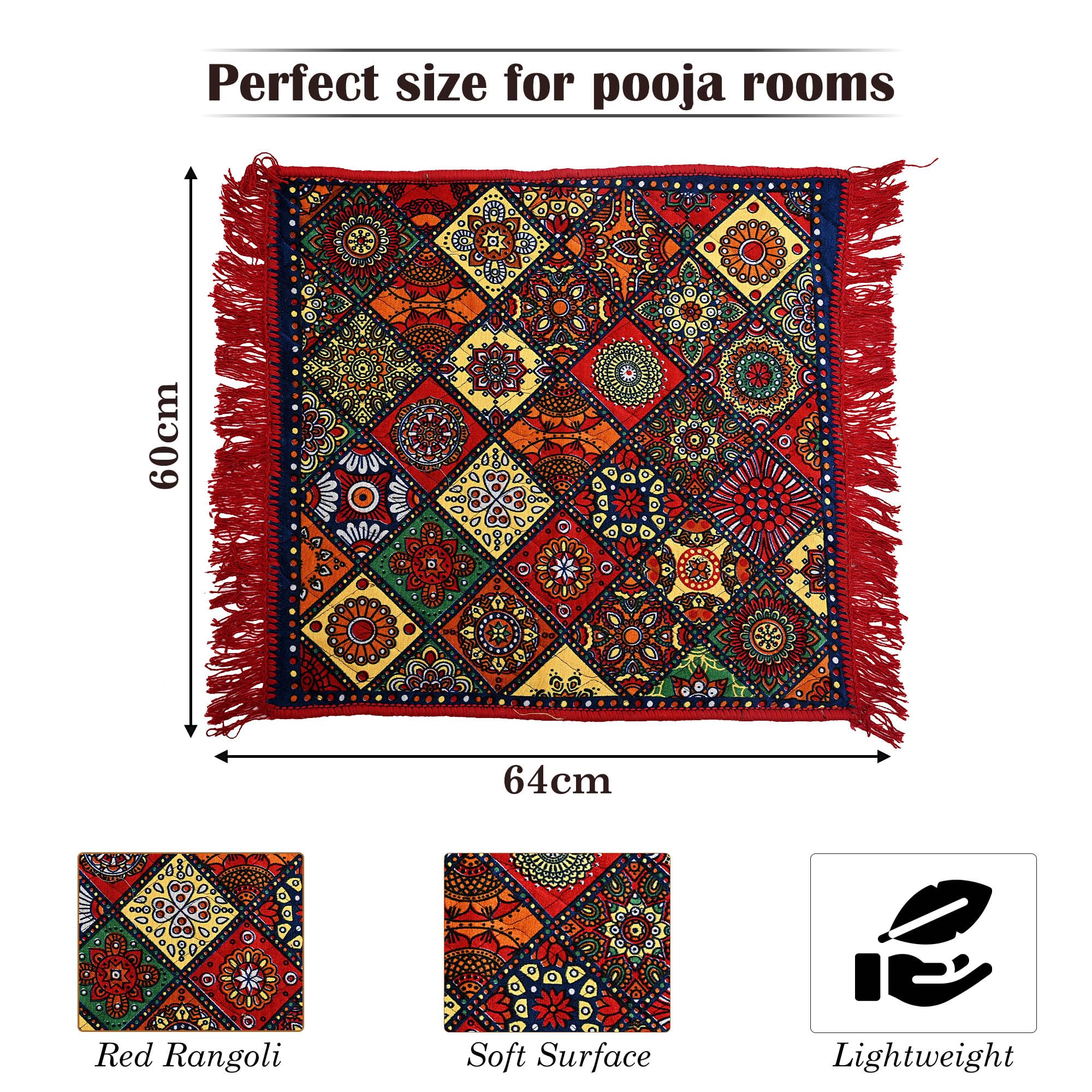Kuber Industries Pack of 2 Velvet Finish Rectangular Pooja Mat for Sitting On Floor | Traditional Rangoli Print Aasan Puja Cloth for Home Mandir | Suitable for Prayer & Meditation | Red Rangoli 1