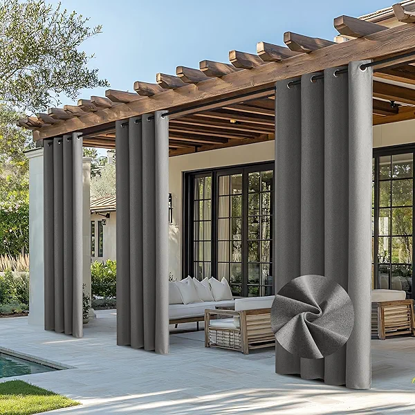 NICETOWN Blackout Outdoor Curtains for Patio Waterproof, 2 Panels 100% Light Blocking Linen Curtains Weatherproof, Indoor/Outside Privacy Sun Shades for Gazebo, Porch, Balcony, W52 x L84 inch, Grey