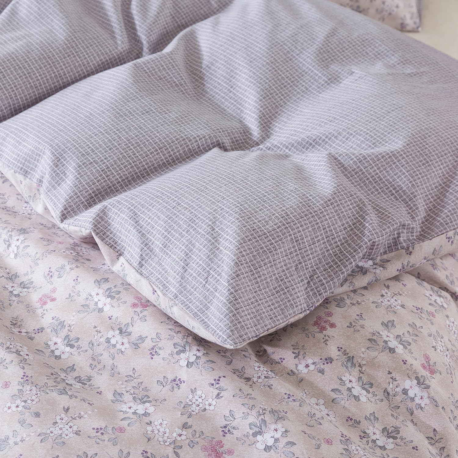 NEWLAKE Cotton Duvet Cover Queen Size - Soft Breathable Duvet Cover Set 3 Pieces with Zipper Closure, 1 Duvet Cover 90x90 Inches and 2 Pillow Shams, Gray Flower Bushes Pattern