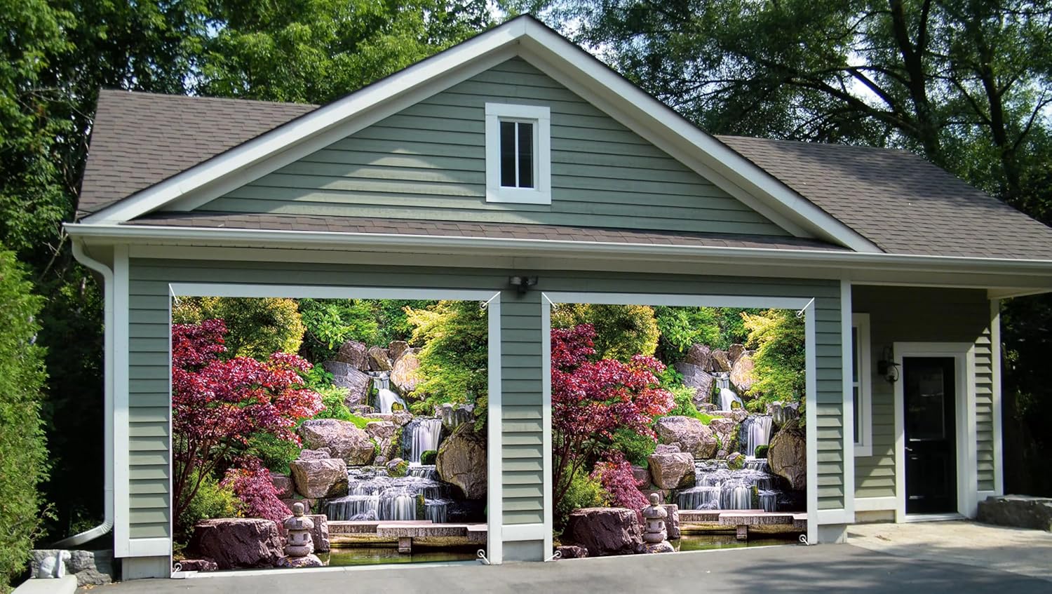 7x8ft Mountain Nature Scene Garage Door Decor Waterfalls Slate Bridge Lush Forest Red Maple Tree Spring Theme Garage Door Cover