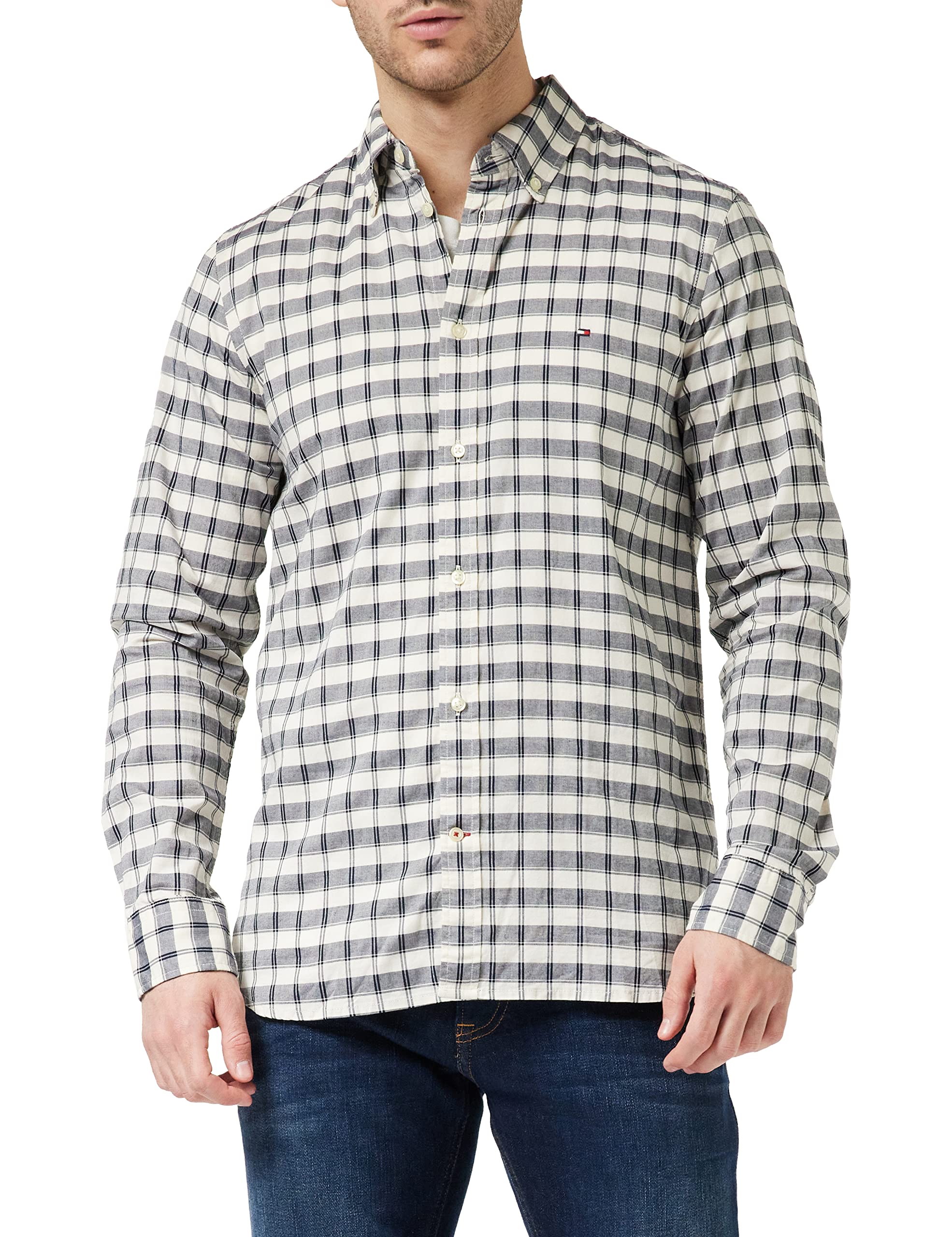 Tommy Hilfiger Camisa Pequeña Chk SF Natural Suave Casuales para Hombre