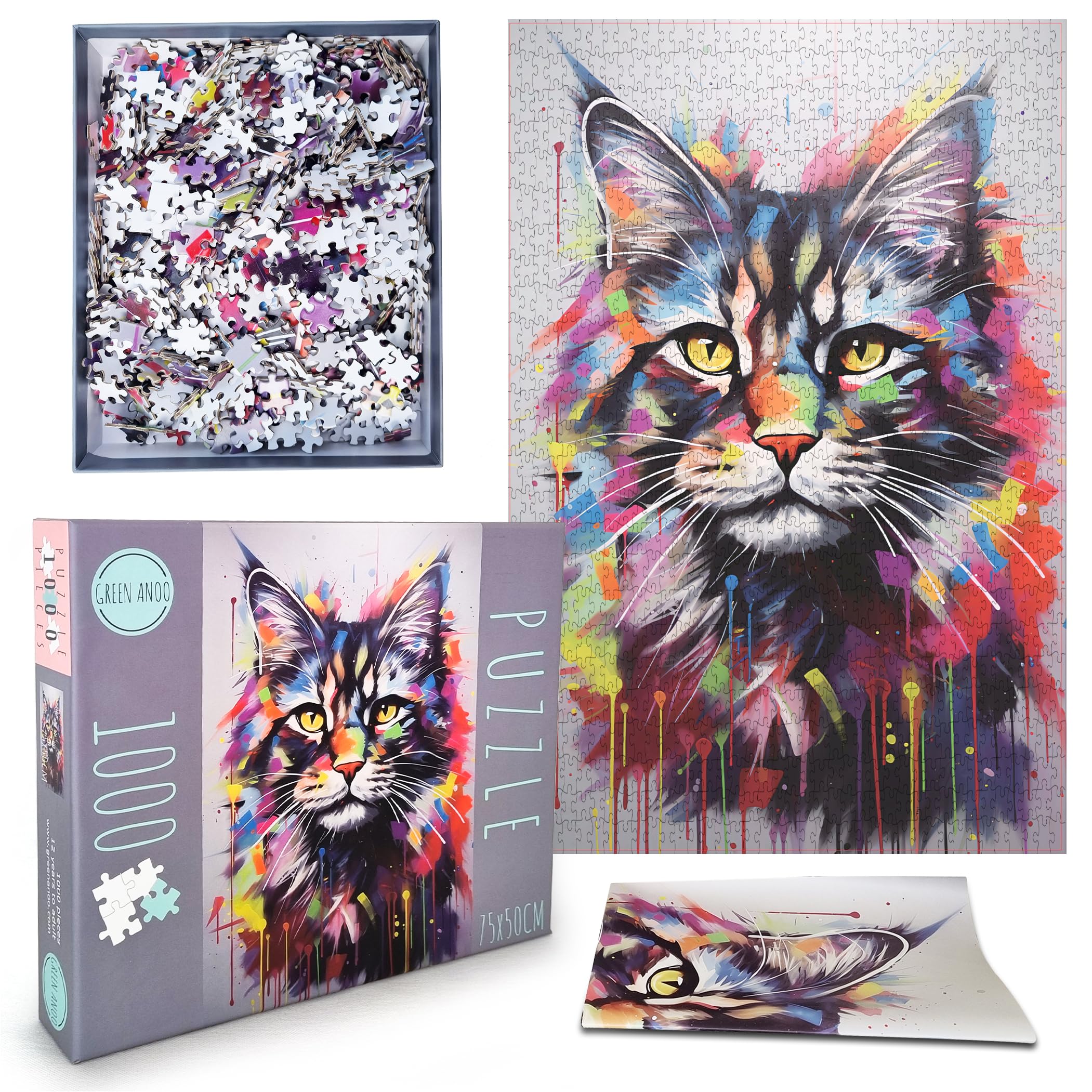 Lot de 2 Puzzles 1000 Pièces – Chat Maine Coon & Chien Bouledogue – Style Popart – Cadre 50×75 cm – GreenAnoo