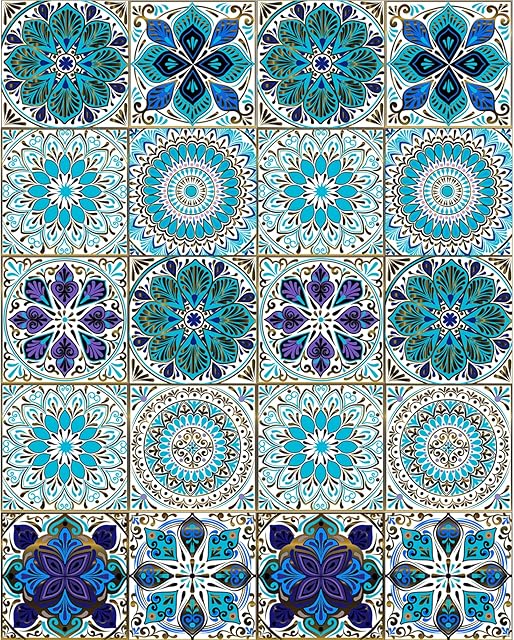 20PCS Mandala Style Decorative Tile Stickers, Giyiprpi Peel and Stick Removable Tiles Wallcovering, Moroccan Wall Floor Tile Backsplash Waterproof Kitchen Bathroom Furniture Staircase Home Decor(106)