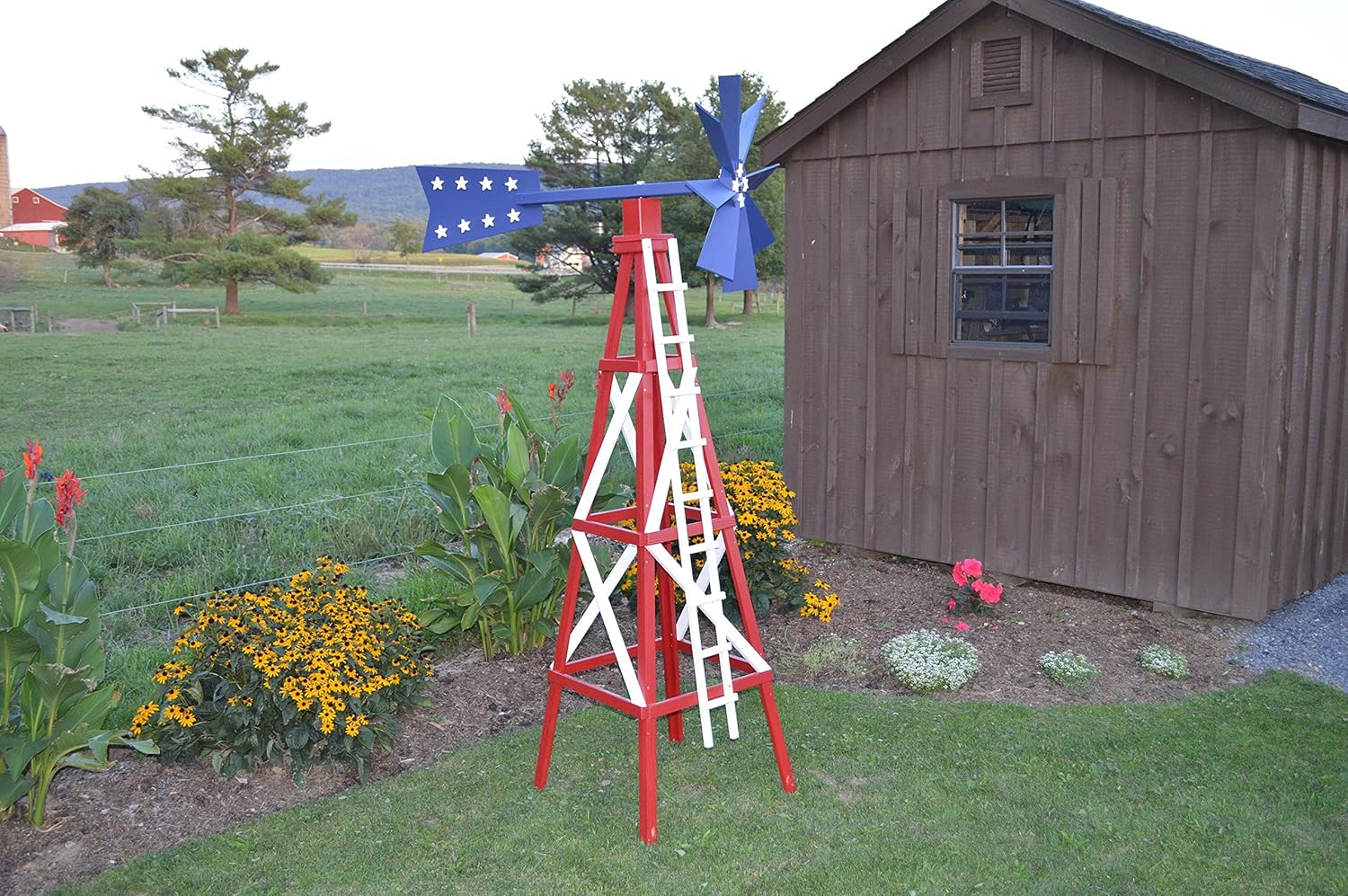Amish-Made Farm Style Wooden Windmill Yard Decor, Patriotic Red White and Blue
