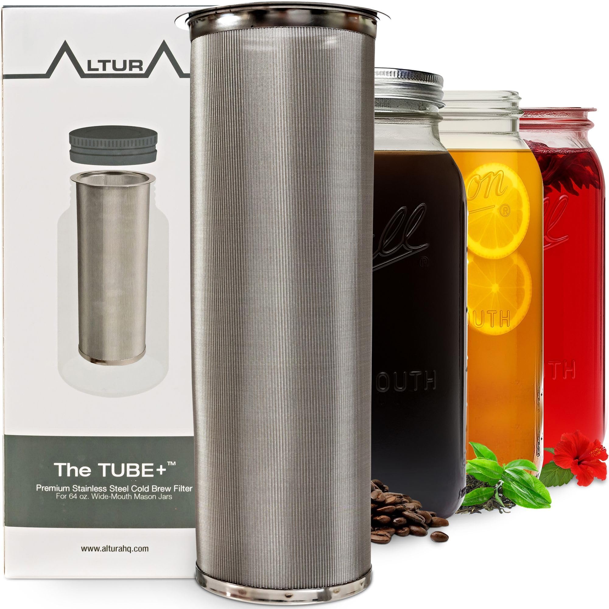 The TUBE+ Cold Brew Coffee Maker and Tea Infuser for Wide Mouth Mason Jars - Stainless Steel Cold Brew Filter Strainer for Iced Coffee, Fruit Water & More - (64oz/2qt)