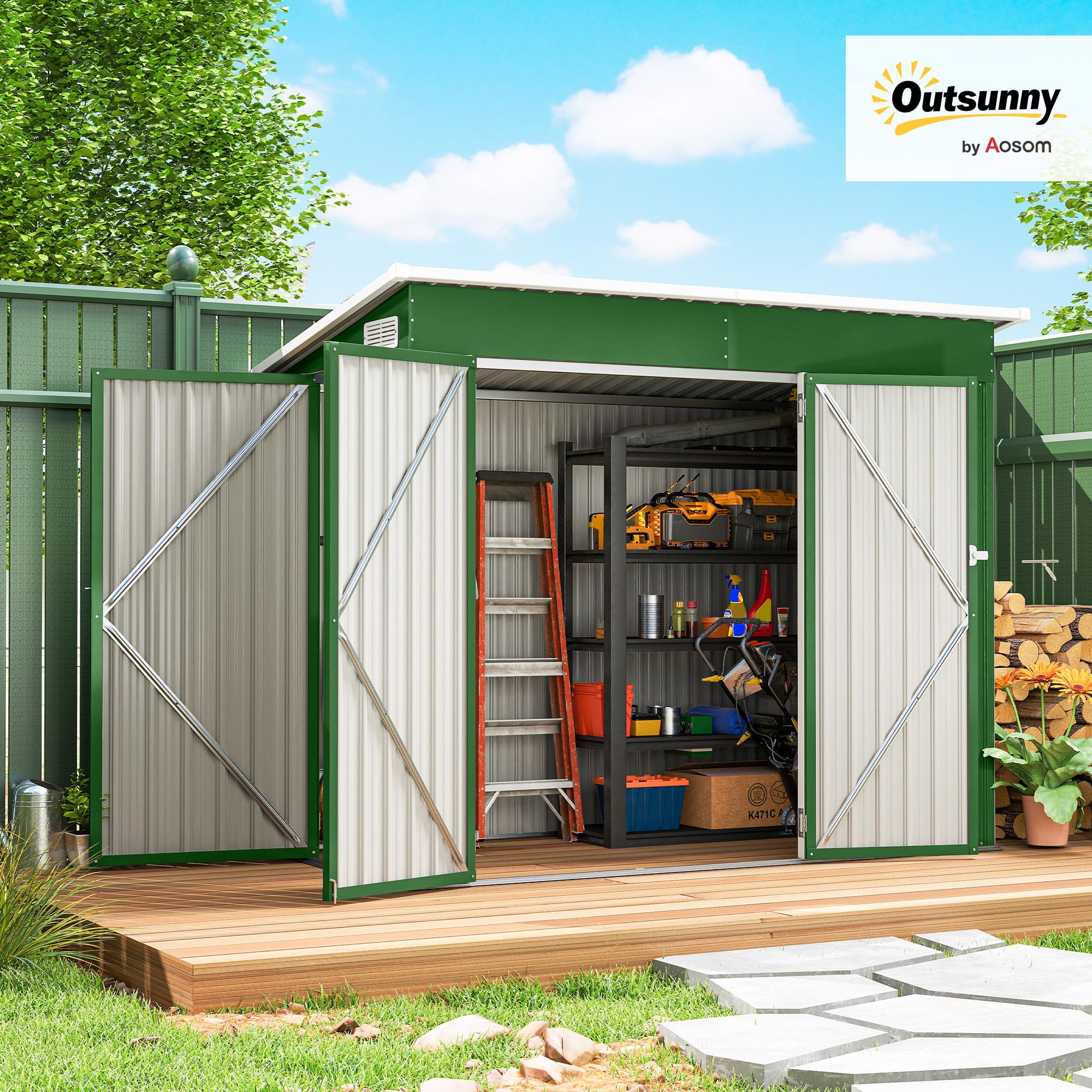 Outsunny Caseta de Jardín Exterior 2,7 m², 234x132x185 cm, Cobertizo de Jardín Exterior Metálico con Triple Puerta, Cerradura, Techo Inclinado y Ventilación para Almacenamiento de Herramientas, Verde