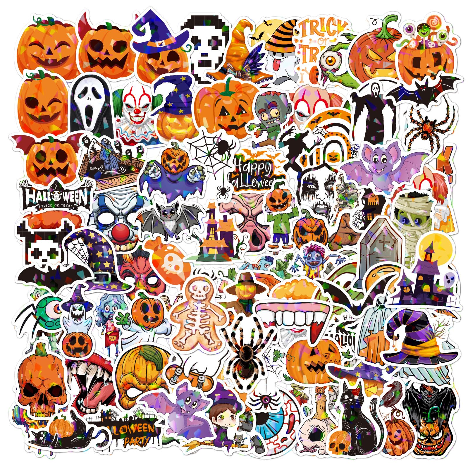 Eowppue 100 Pcs Holographic Laser Halloween Stickers Trendy Waterproof Decals for Luggage Party Decorations