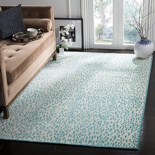 SAFAVIEH Marbella Collection - Alfombra de área de 8 x 10 pies, marfil y turquesa, chenilla hecha a mano, ideal para zonas de alto tráfico en sala
