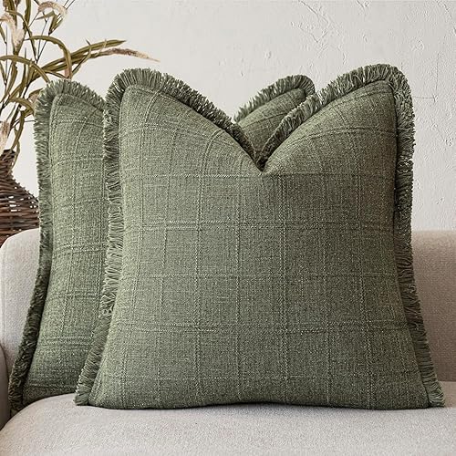 Foindtower Juego de 2 fundas de almohada decorativas de lino a cuadros con flecos, fundas de cojín estilo campestre vintage, moderna y bohemia para