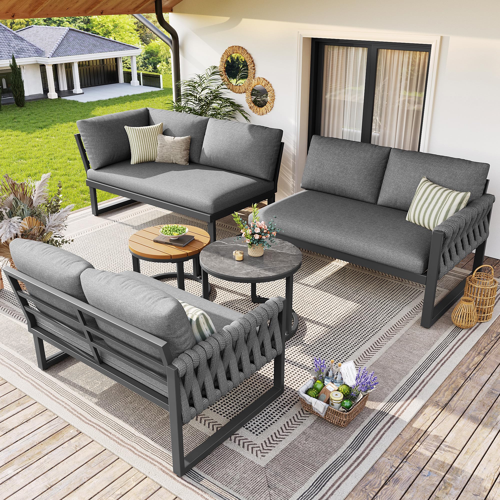 Juego de muebles de jardín con patas ajustables, cojines impermeables y desmontables, juego de salón de jardín para 5-6 personas, modular para balcón, jardín y terraza, incluye todos los cojines de
