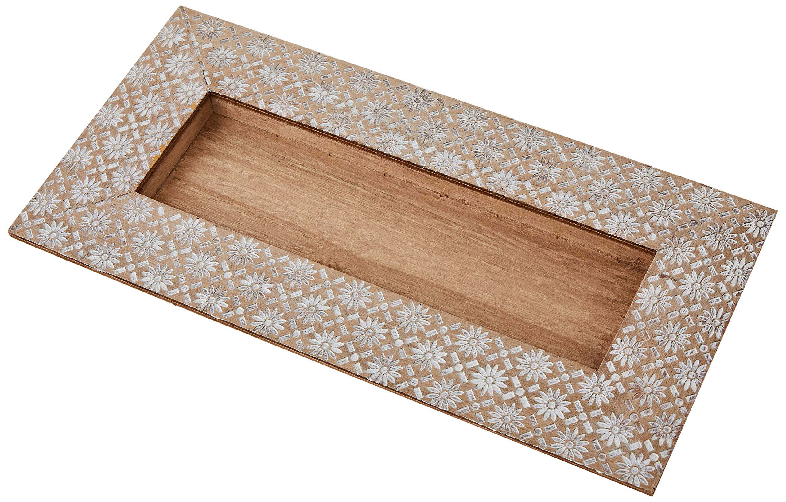 Mopec 14 x 28 cm Wooden Carved Flower Tray, Beige, One Size