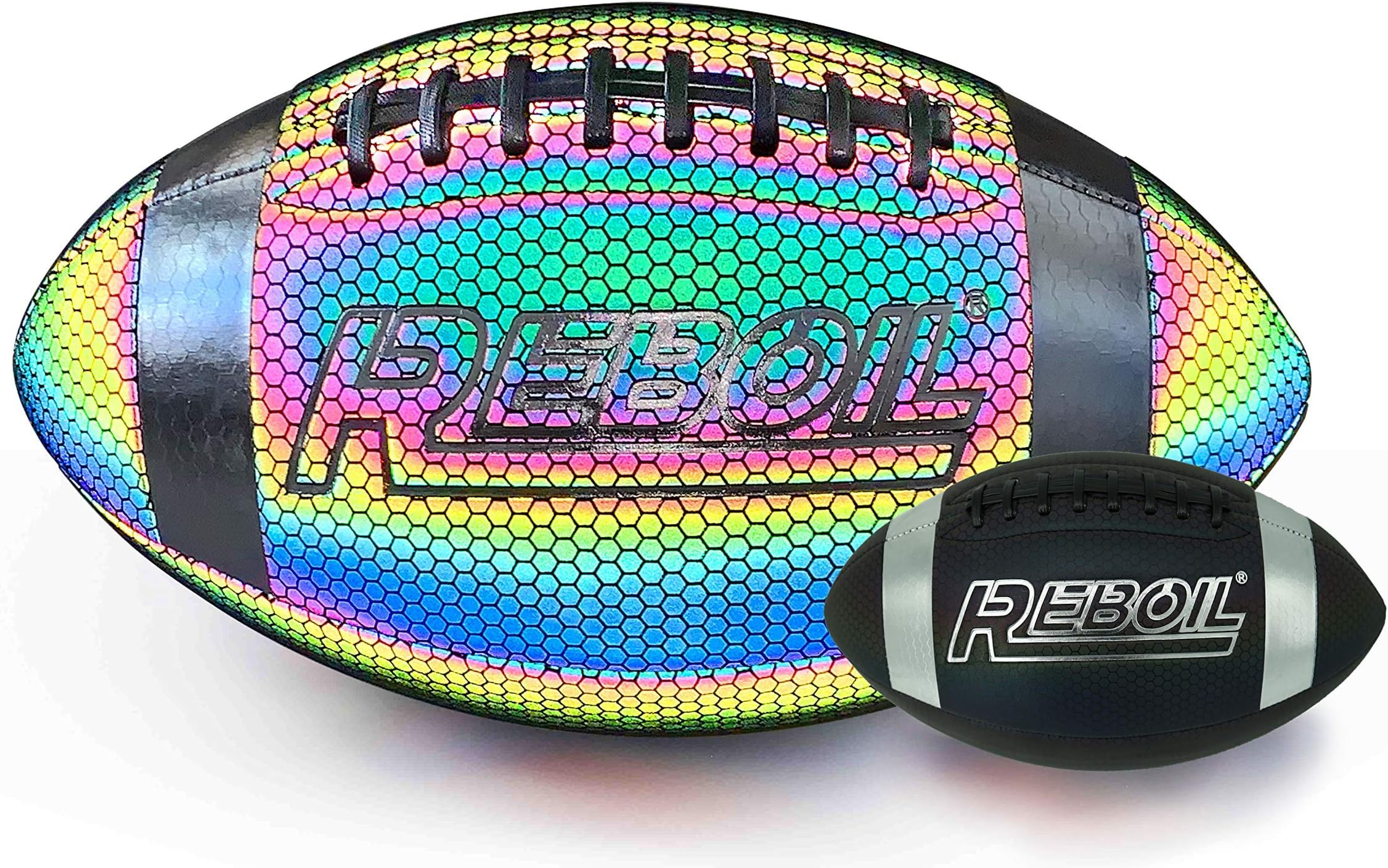 REBOIL Holographic Glowing Reflective Football (Size 7 Kids & Youth, Size 9 Junior & Pro) Light Up with Camera FlashAdvance Reflective Composite Leather - HoloHoops Gifts Toys for Girls & Boys