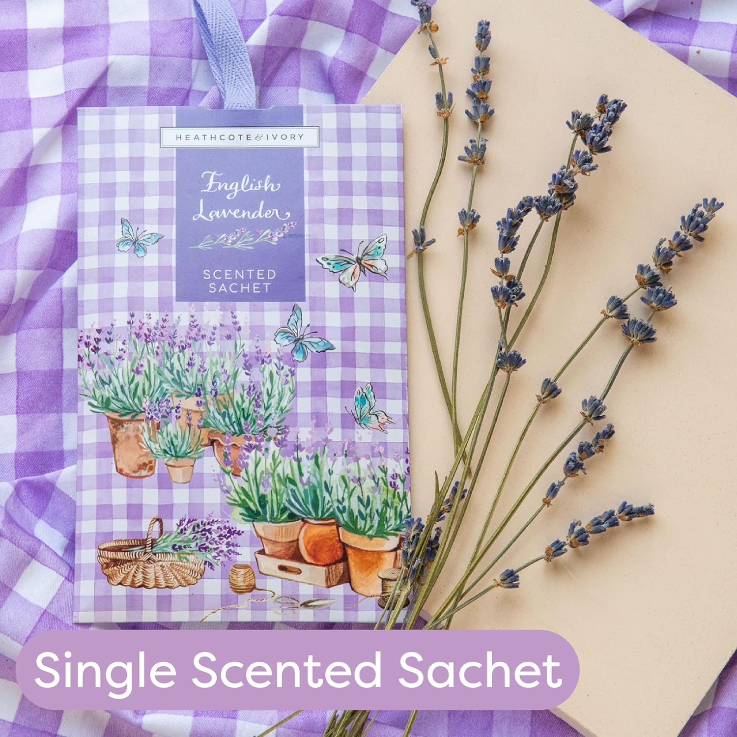 Heathcote & Ivory Scented Sachet in Display Tray Single, Add Fragrance to Drawers and Cupboards, English Lavender Scents, Housewarming Beauty Gift, Cruelty Free and Vegan Friendly
