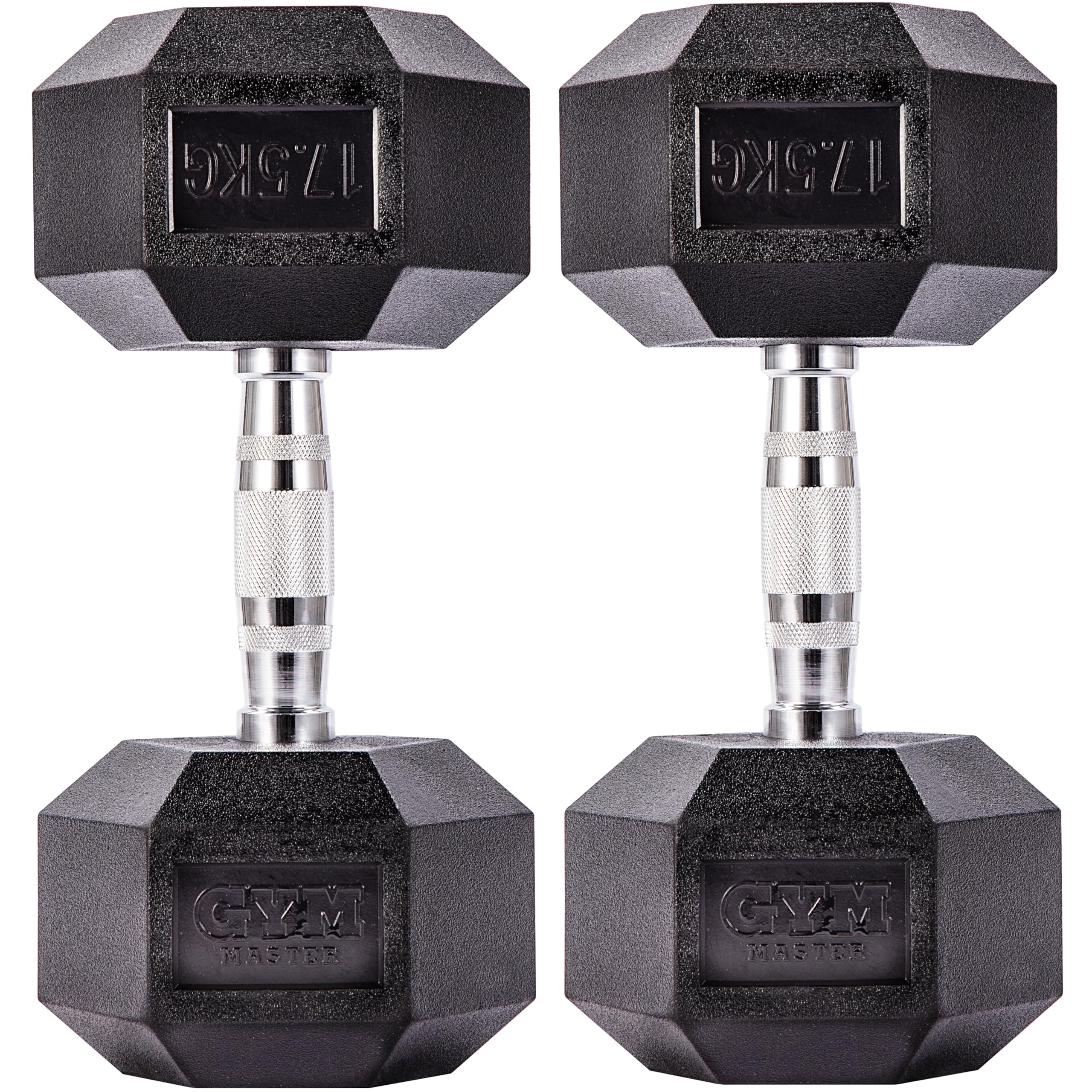 GYM MASTER Hex Dumbbells - Rubber Encased Cast Iron Hand Weights and Optional 3 Tier Rack - Pair of 17.5KG (35KG Total)