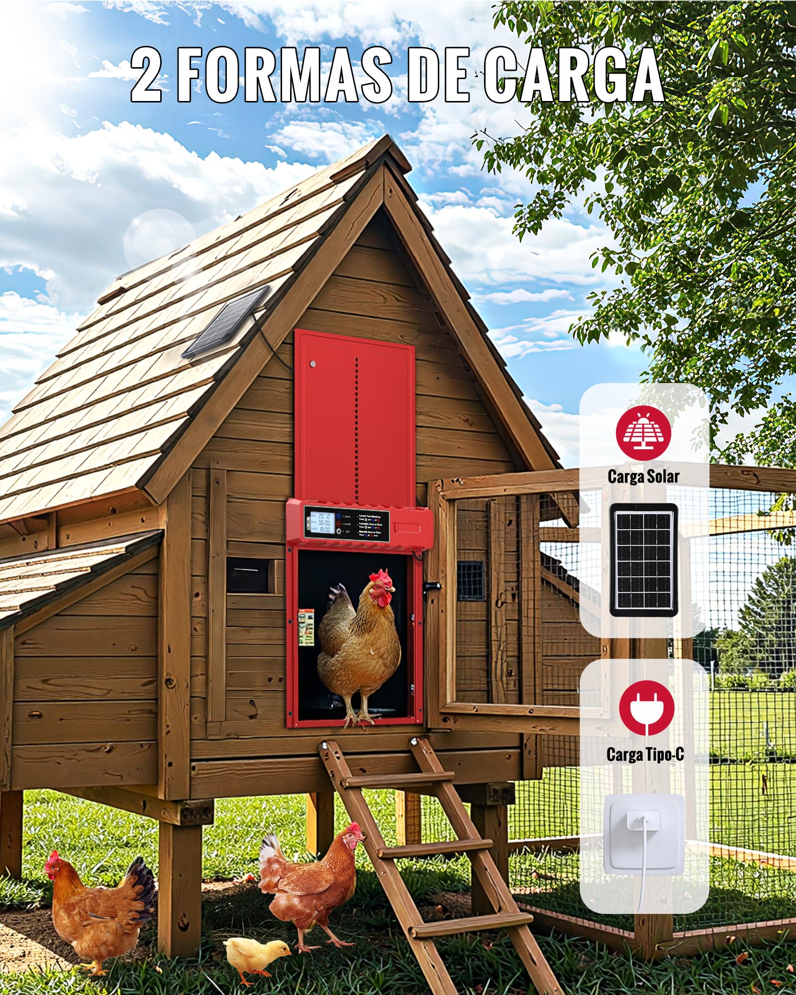 Puerta Gallinero Automatica Solar Roja con 3 Modos, Proteccion contra Pinchazos, Aluminio Resistente a la Intemperie