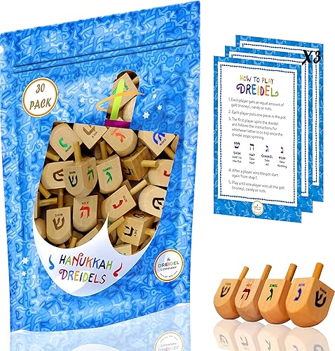 Wood Dreidels Hanukkah Draydel con transliteración e instrucciones en inglés (paquete de 30)