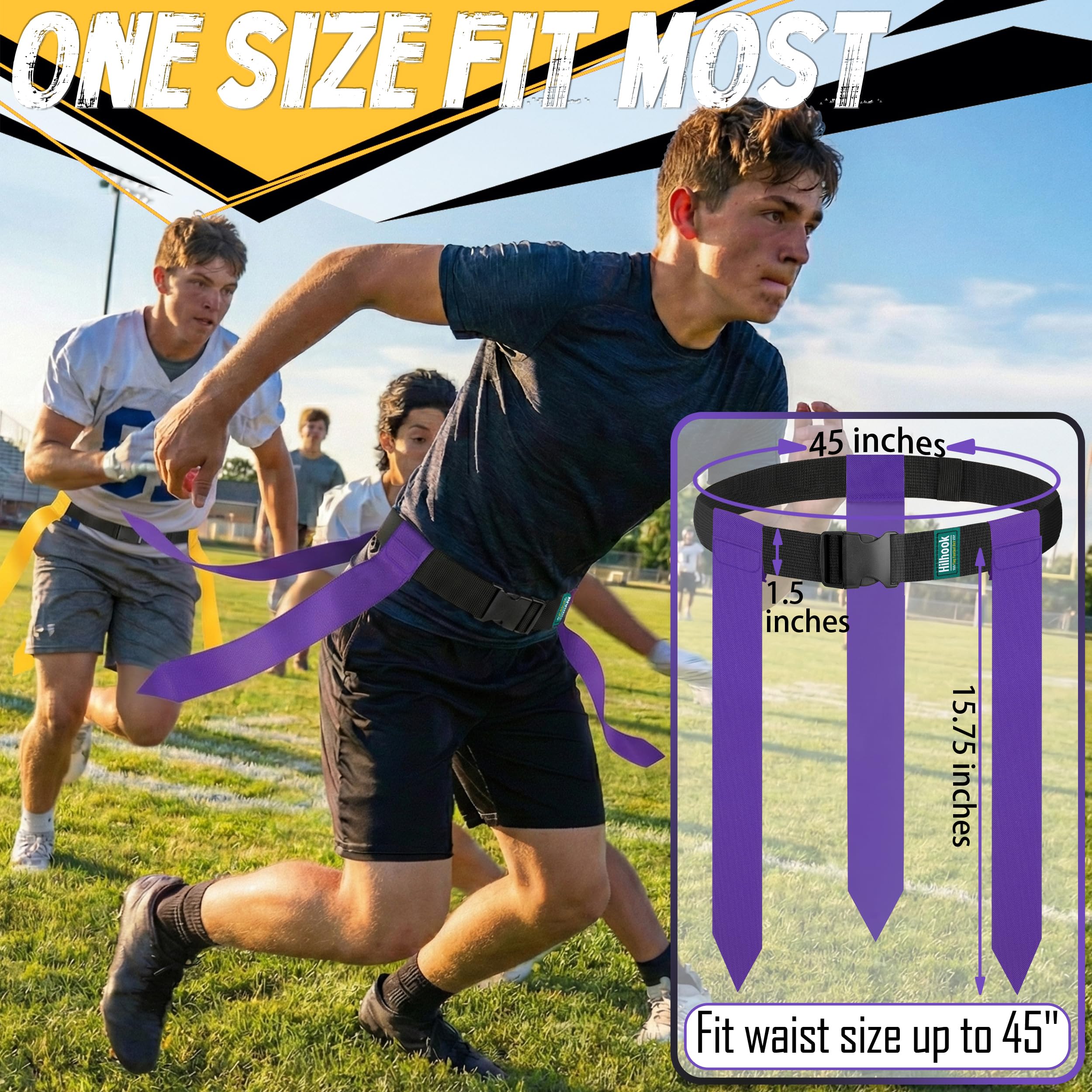 Set di cinture da calcio per 14 giocatori, con 42 bandiere, per bambini, ragazzi e adulti, per allenamento (giallo e viola), Giallo e viola, 114 cm