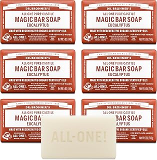 Dr. Bronner's Eucalyptus Pure-Castile Magic Soap Bars, 5 oz 6-Pack - Regenerative Organic Certified, Vegan, Gentle for Face, Body, Hair