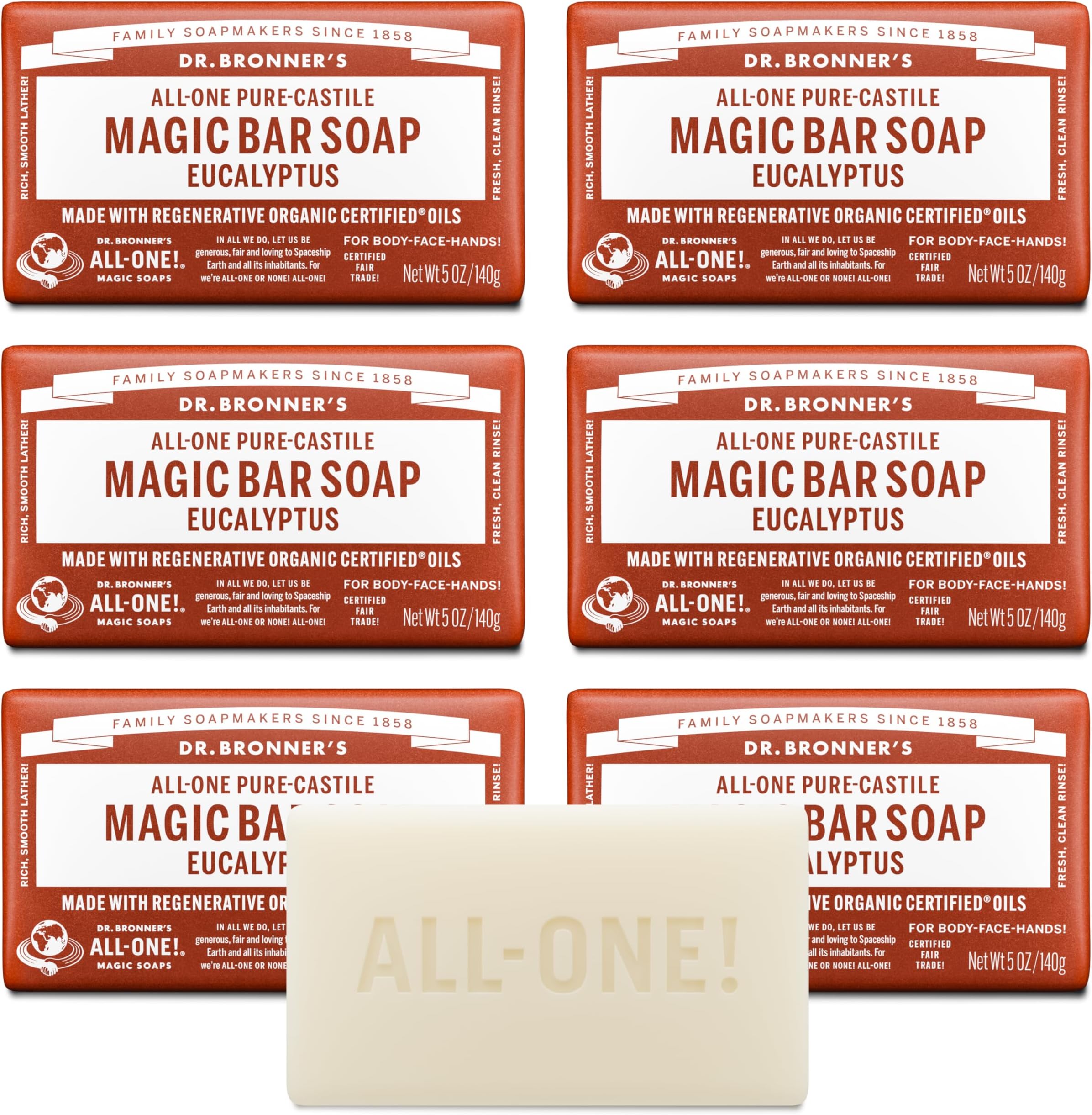 Pure-Castile Magic Soap Bars (Eucalyptus, 5 oz, 6-Pack)- Made with Regenerative Organic Certified Oils for Face, Body & Hair - Gentle, Vegan- Bar Soaps for Men & Women