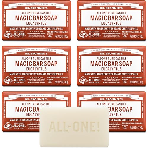 Dr. Bronner's Pure-Castile Magic Soap Bars (Eucalyptus, 5 oz, 6-Pack)- Made with Regenerative Organic Certified Oils for Face, Body & Hair - Gentle, Vegan- Bar Soaps for Men & Women