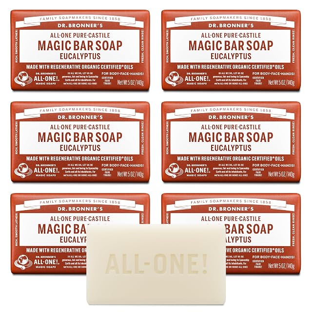Dr Bronners Pure-Castile Magic Soap Bars Eucalyptus 5 oz 6-Pack - Made with Regenerative Organic Certified Oils for