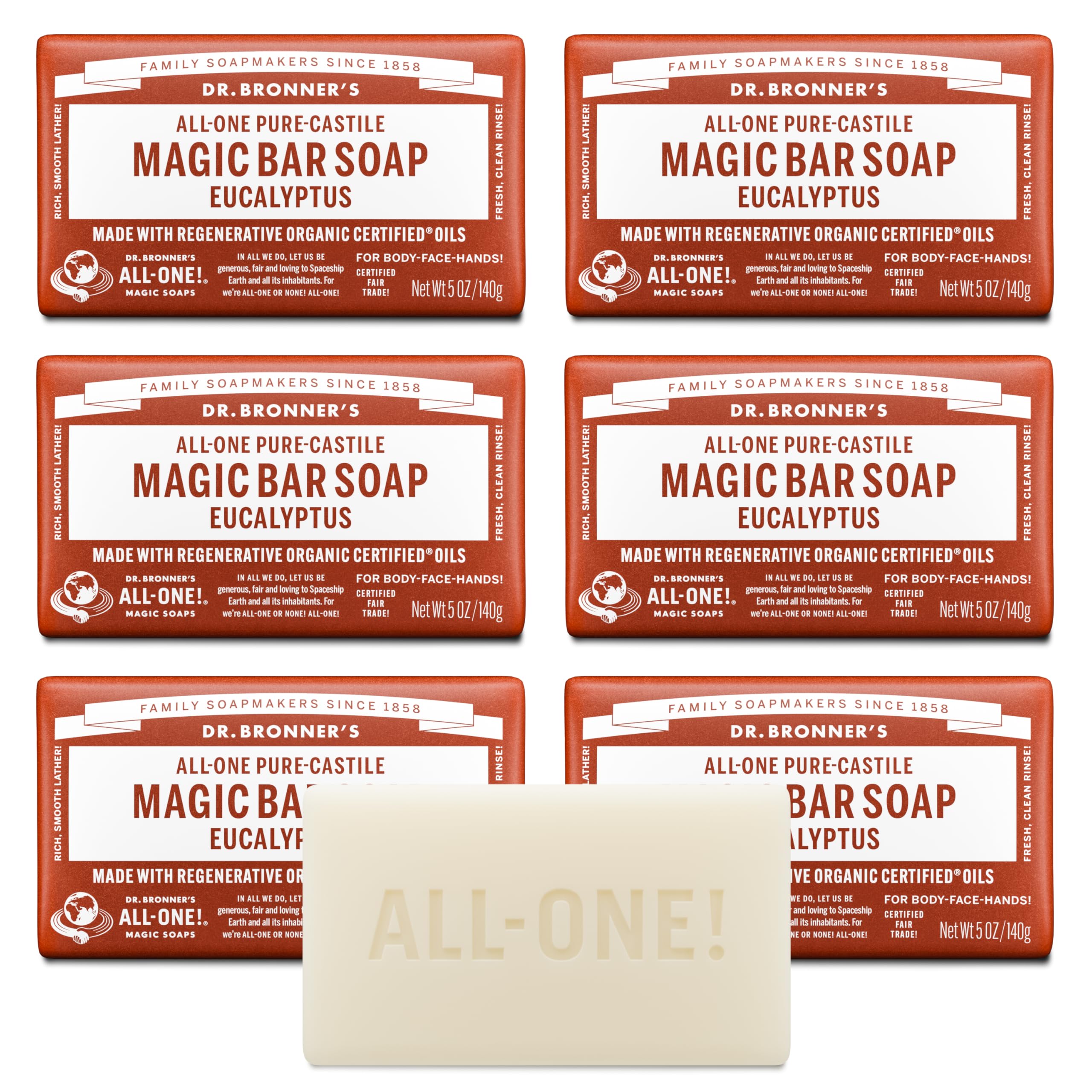 Magic Soaps Pure-Castile Soap, All-One Hemp Eucalyptus, 5-Ounce Bars (Pack of 6)