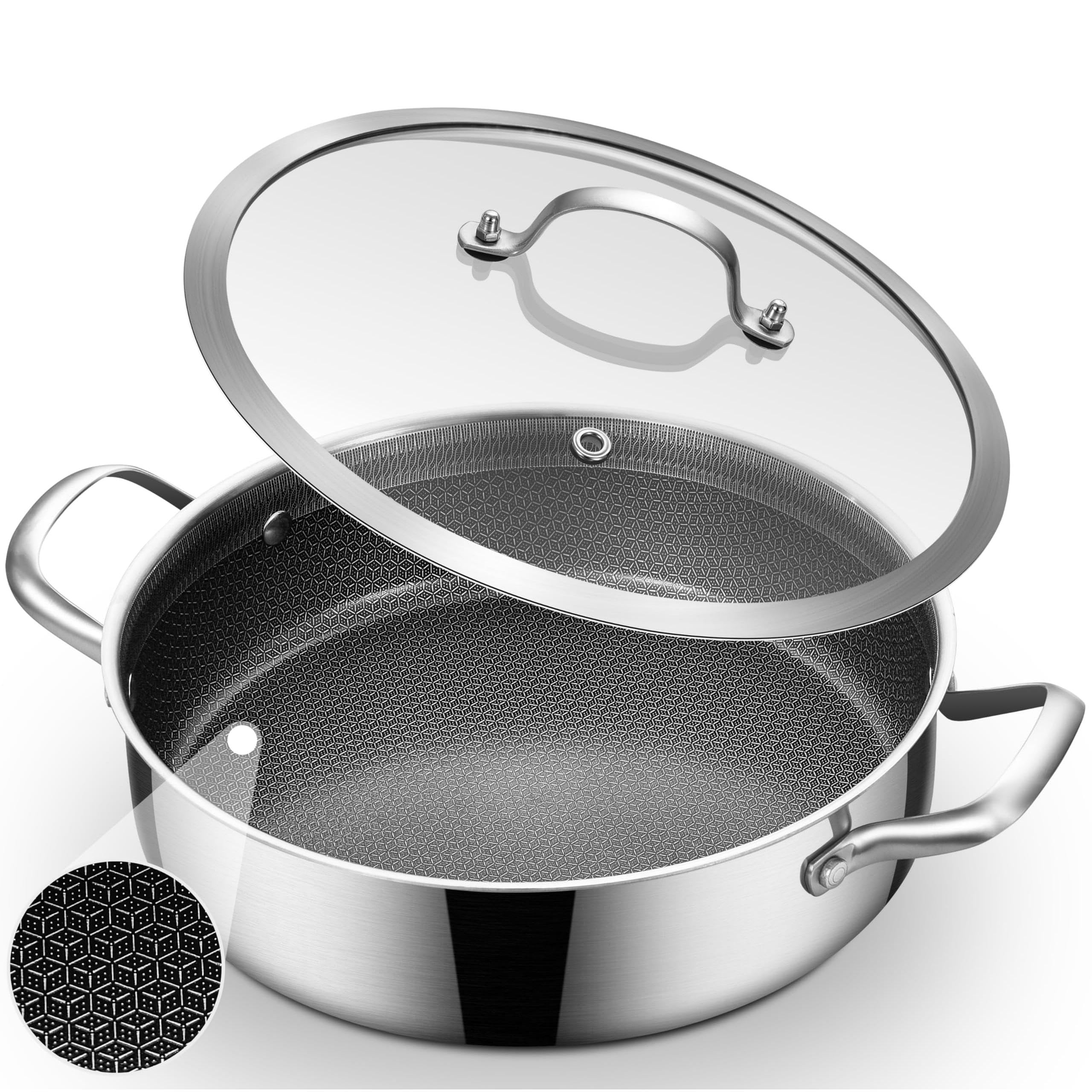 Inqibee 4.8 L Hybrid Nonstick Saute Pan with Lid, Tri-Ply Stainless Steel Deep Frying Pan Cookware, Induction Compatible, All Cooktops, Oven Safe（28cm）