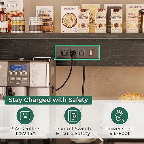 Miniatura 4 de SUPERJARE Estante de panadería con toma de corriente, barra de café de 35.4 pulgadas con canasta de alambre, soporte para microondas de cocina con 6