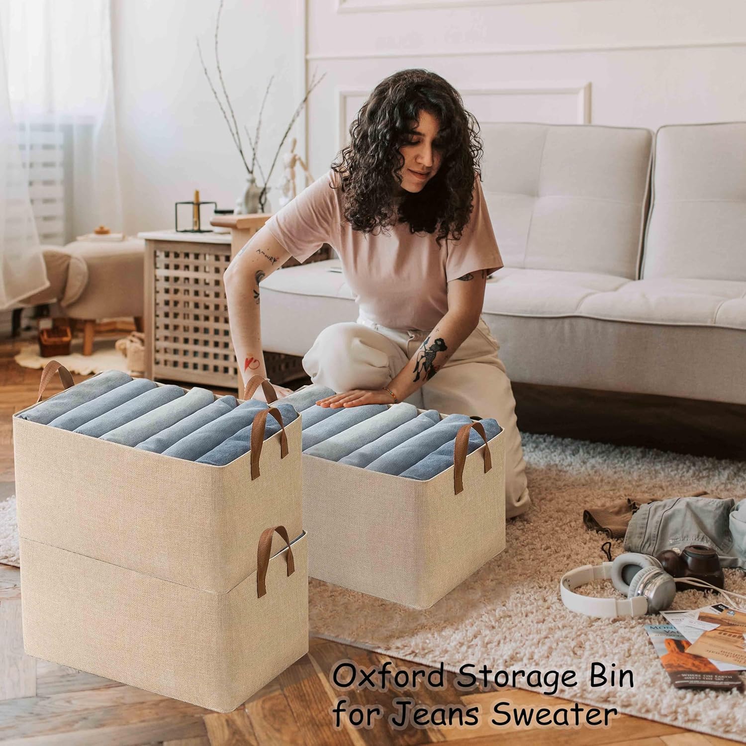 AARAINBOW Linen Closet Organizer Storage Bin with Steel Frame, Stackable Fabric Jeans Baskets for Shelves, 4 Packs Foldable Wardrobe Clothes Box for Sweater Pants Clothing Towel Shirt Felt, 23L Beige - Image 6