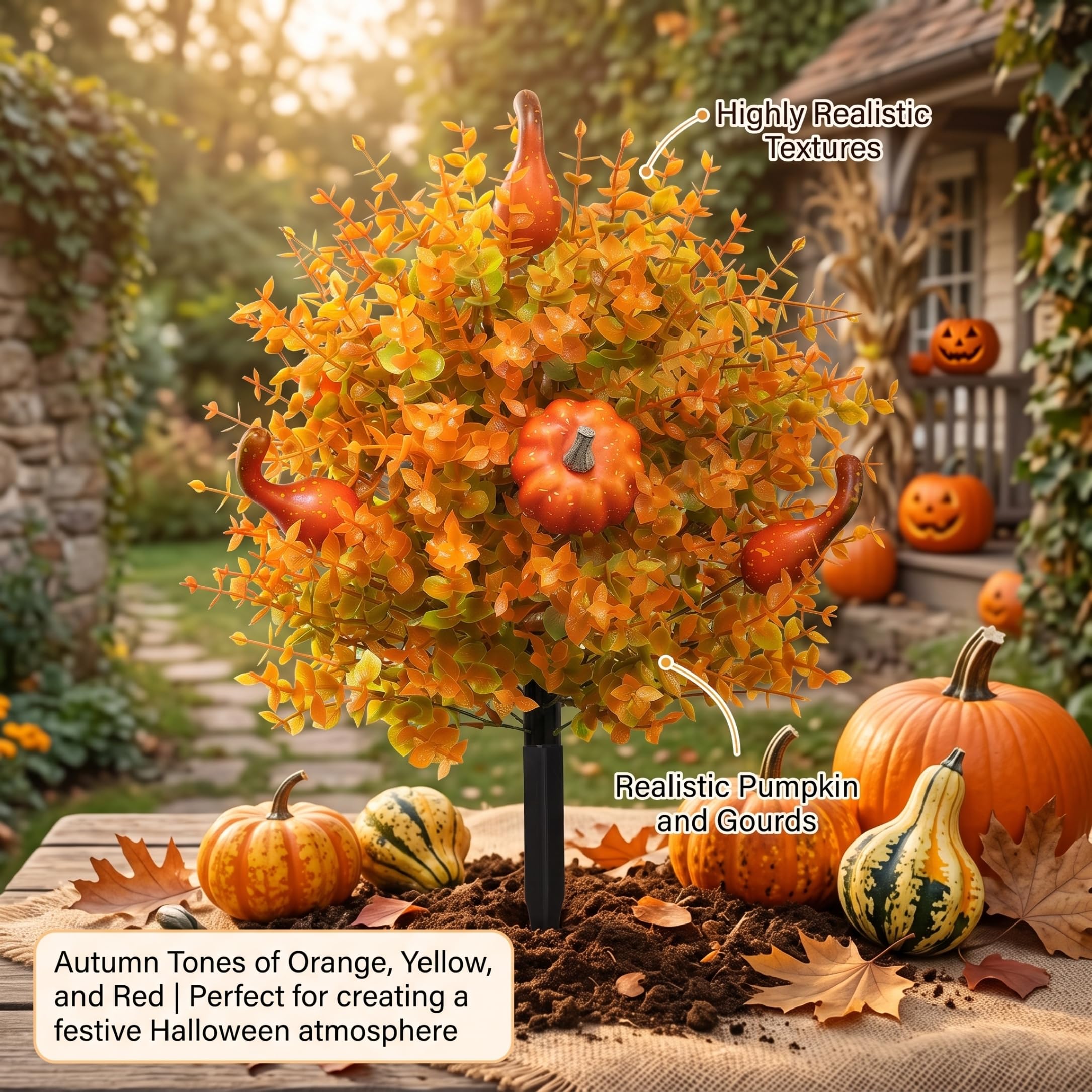 Arbusti artificiali per esterni, 1 pezzo di arte topiaria artificiale per esterni, decorazioni per Halloween all'aperto, picchetto di terra di eucalipto zucca giallo chiaro per giardino autunnale