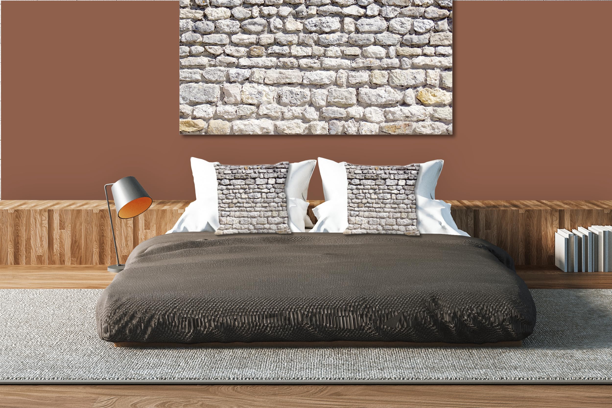 Steinwand - Foto-Kissen-Hülle Set (2 STK.) 40 x 40 cm | Kissen-Bezüge - passend zu Wandbild - Deko-Kissen - Steine Muster Struktur Haus Wand