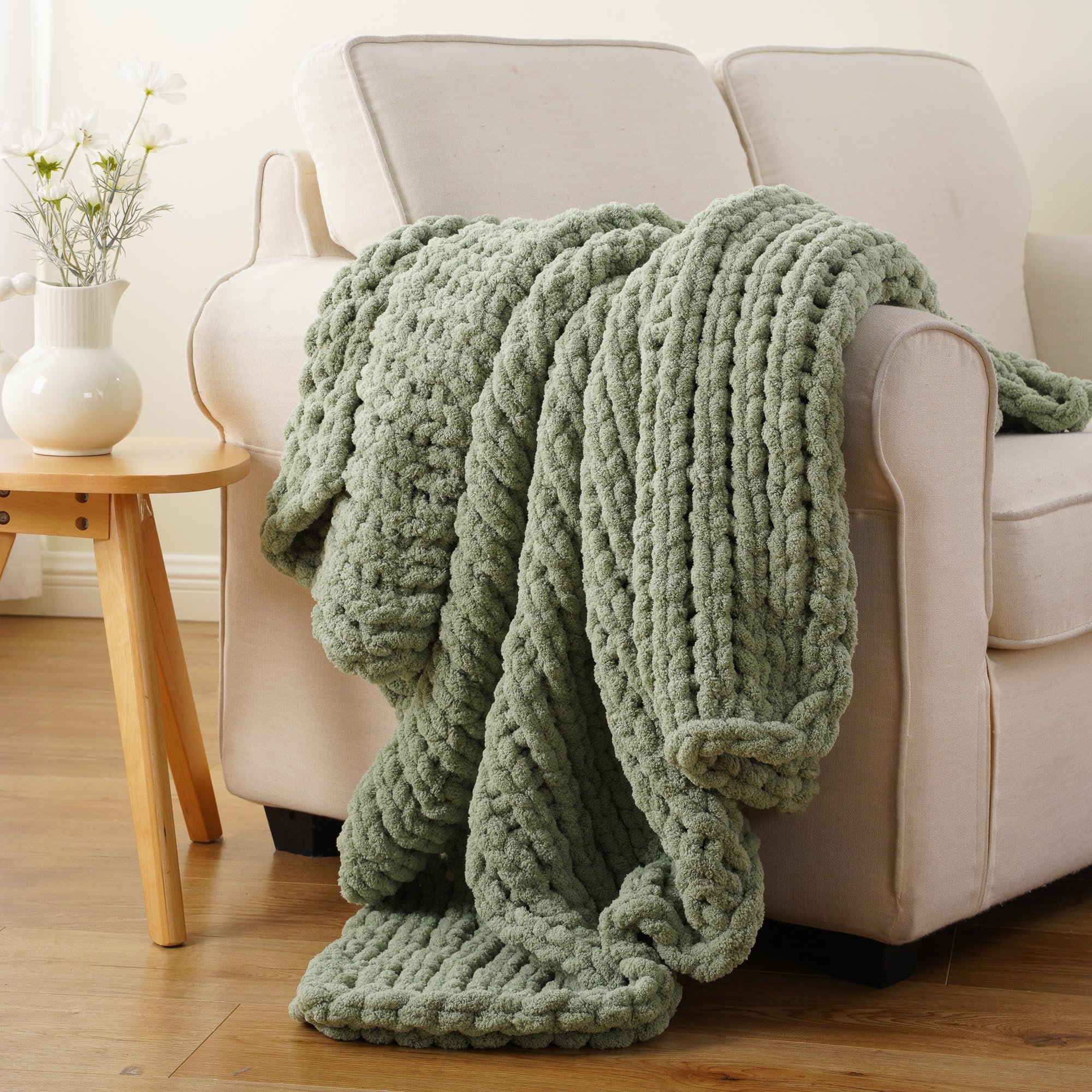 Battilo Chunky Knit Blanket Throw, Sage Green Chenille Sofa Throw 125x150cm