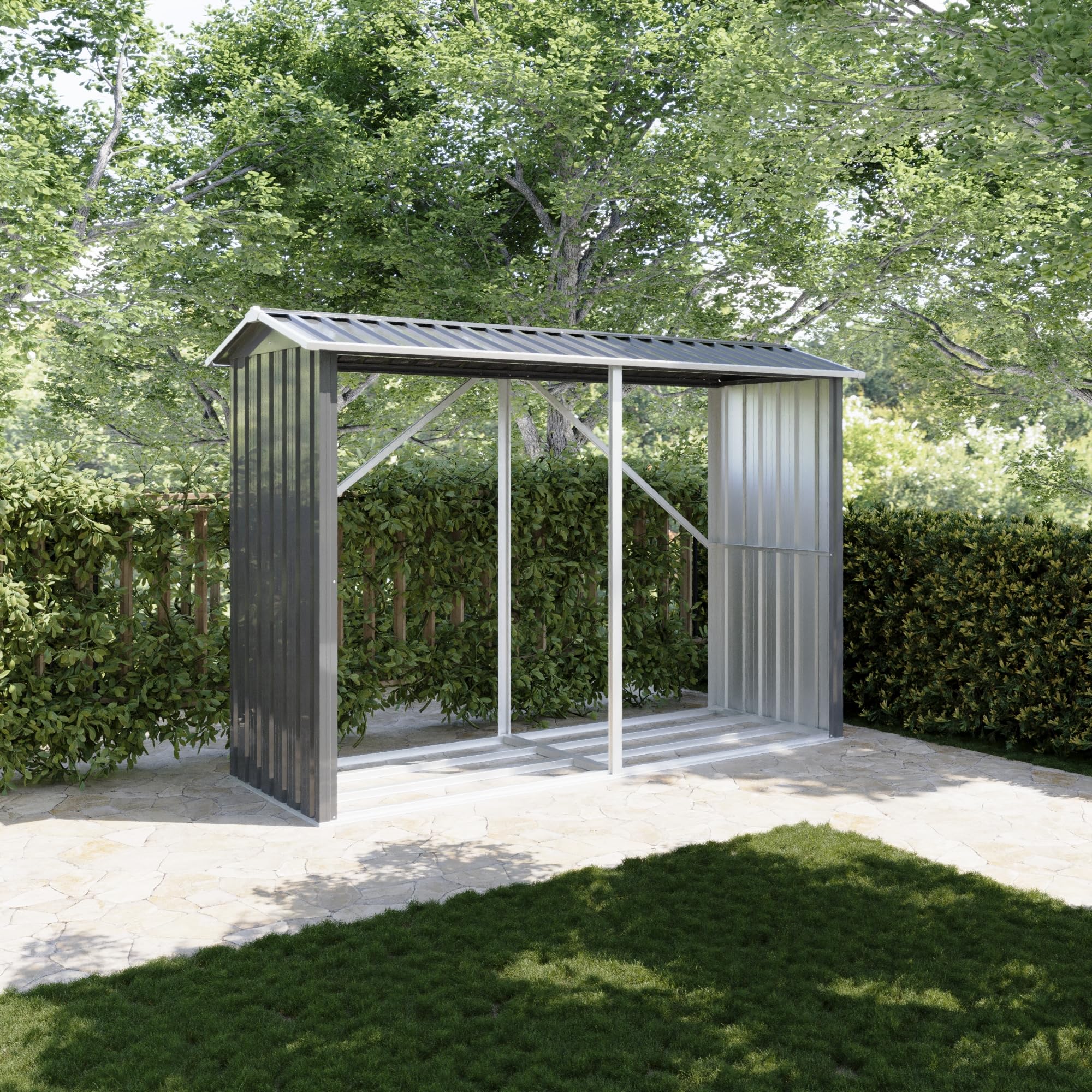 Legnaia da Esterno in Acciaio Zincato Nero 238x87x160 cm - Portalegna da Giardino con Tetto Spiovente e Struttura Rinforzata - Capanno per Legna da Ardere Resistente a Ruggine e Intemperie